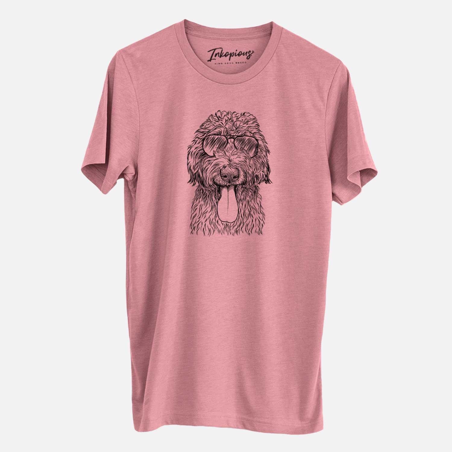 Hand-drawn sketch of CiCi Paulk the Aussiedoodle wearing aviator sunglasses on a Mauve Unisex crewneck