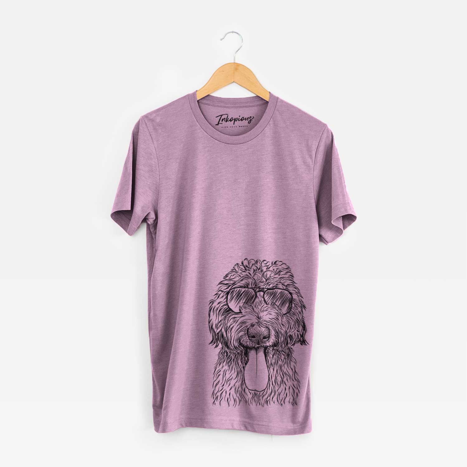 Hand-drawn sketch of CiCi Paulk the Aussiedoodle wearing aviator sunglasses on an Orchid Unisex crewneck