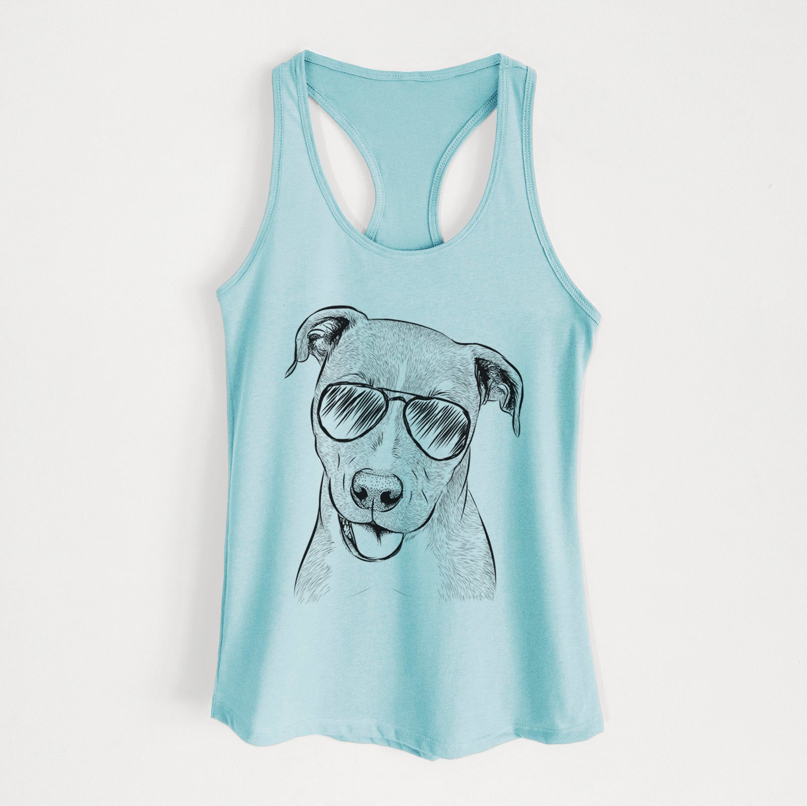 Hand-drawn sketch of Claiborne the American Staffordshire Terrier wearing aviator sunglasses on a Cancun Blue Women's racerback tanktop