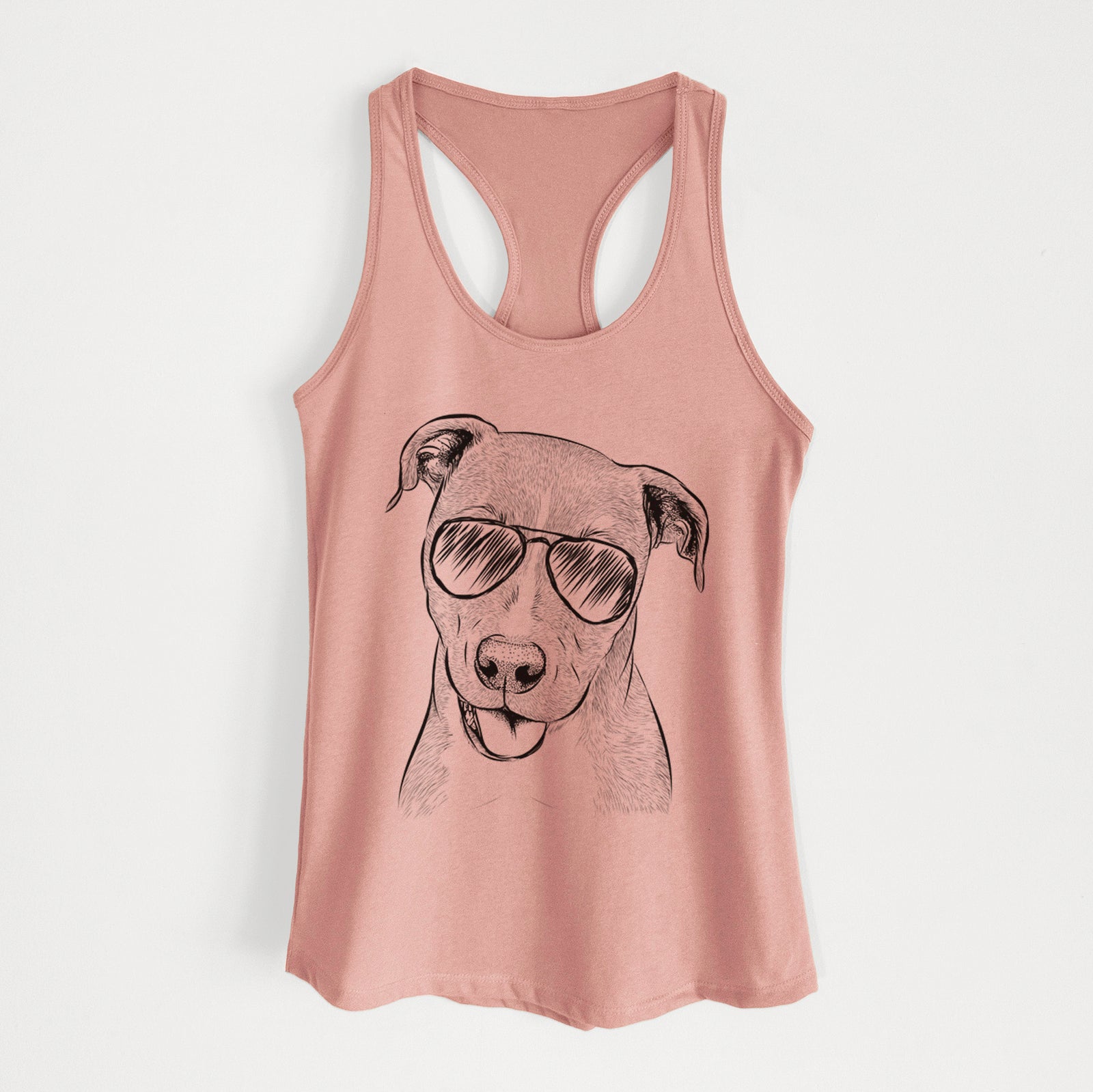 Hand-drawn sketch of Claiborne the American Staffordshire Terrier wearing aviator sunglasses on a Desert Pink Women's racerback tanktop