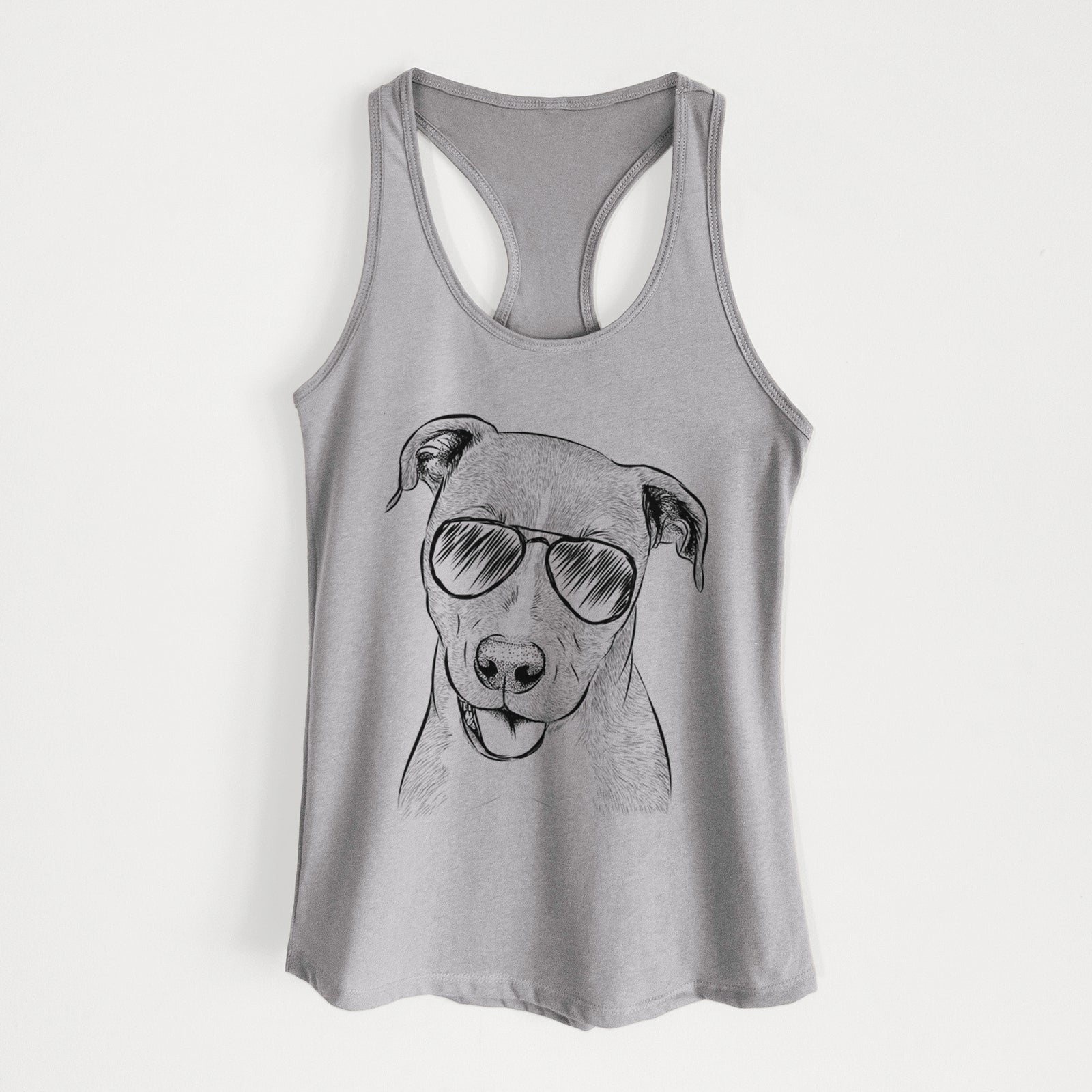 Hand-drawn sketch of Claiborne the American Staffordshire Terrier wearing aviator sunglasses on a Heather Grey Women's racerback tanktop