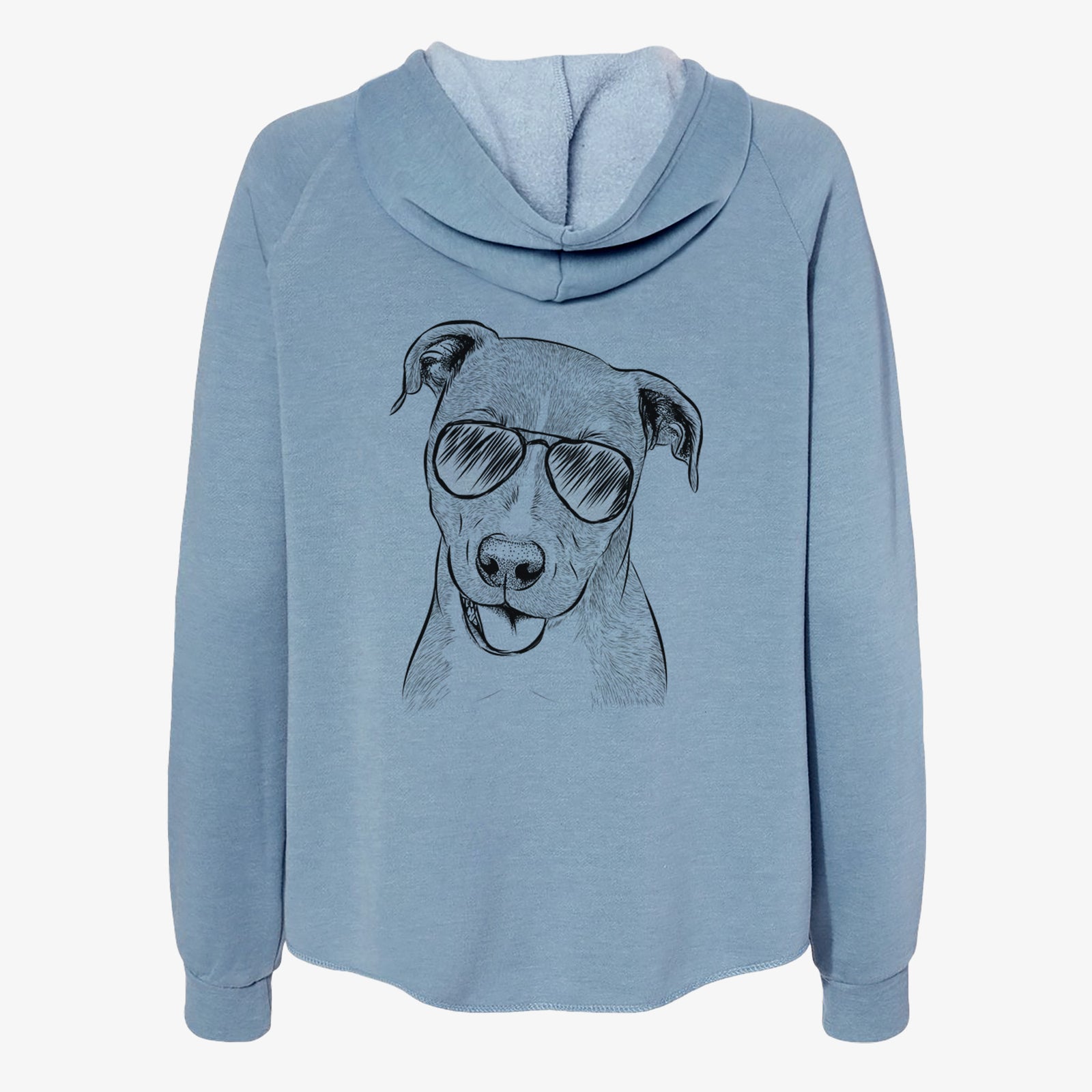 Hand-drawn sketch of Claiborne the American Staffordshire Terrier wearing aviator sunglasses on a Misty Blue Women's cali wave zip-up sweatshirt