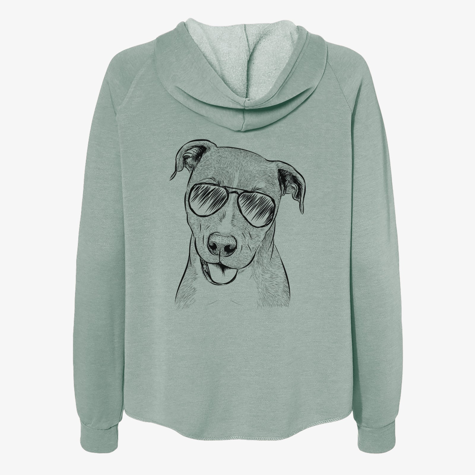 Hand-drawn sketch of Claiborne the American Staffordshire Terrier wearing aviator sunglasses on a Sage Women's cali wave zip-up sweatshirt