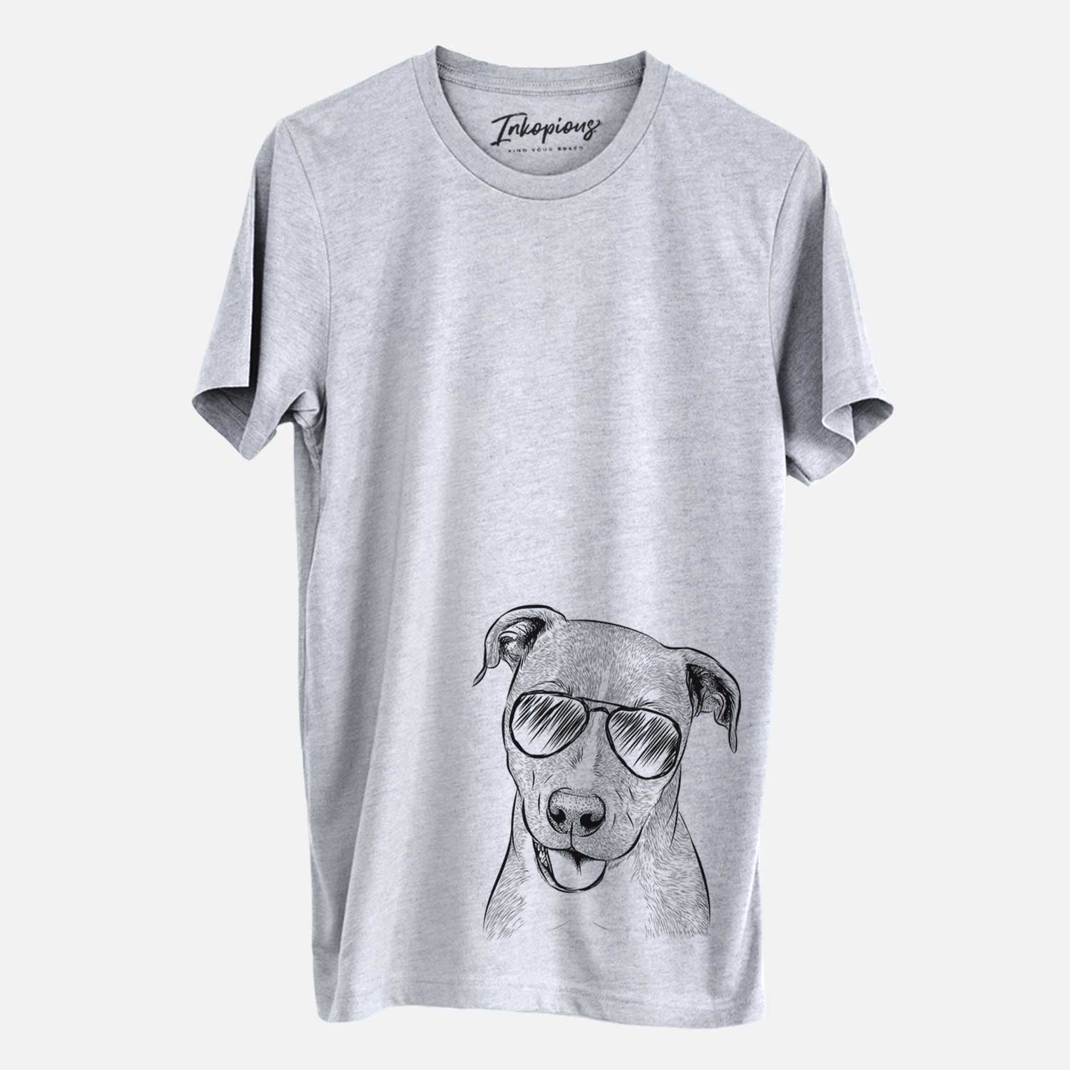 Hand-drawn sketch of Claiborne the American Staffordshire Terrier wearing aviator sunglasses on a Grey Unisex crewneck