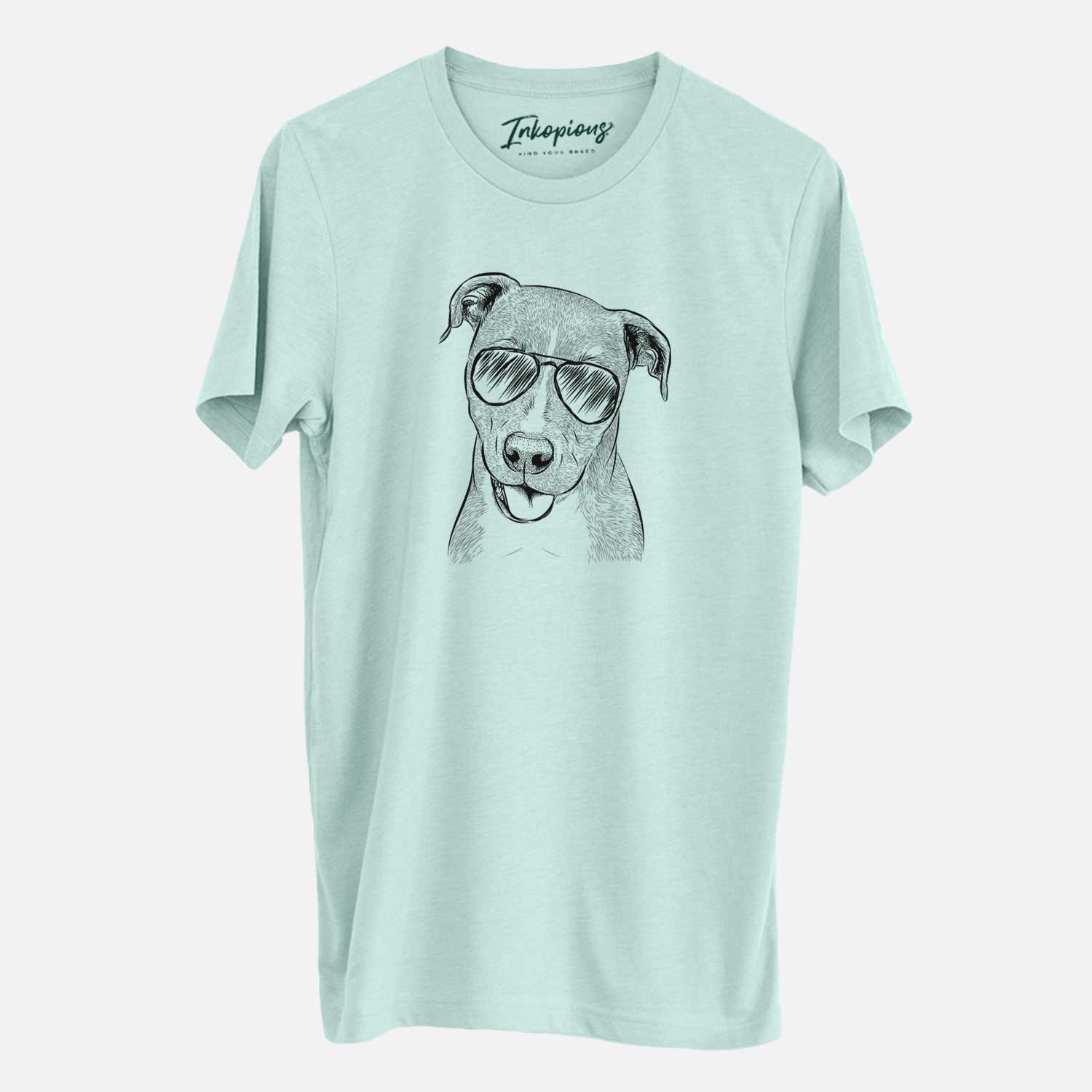 Hand-drawn sketch of Claiborne the American Staffordshire Terrier wearing aviator sunglasses on a Heather Sage Unisex crewneck