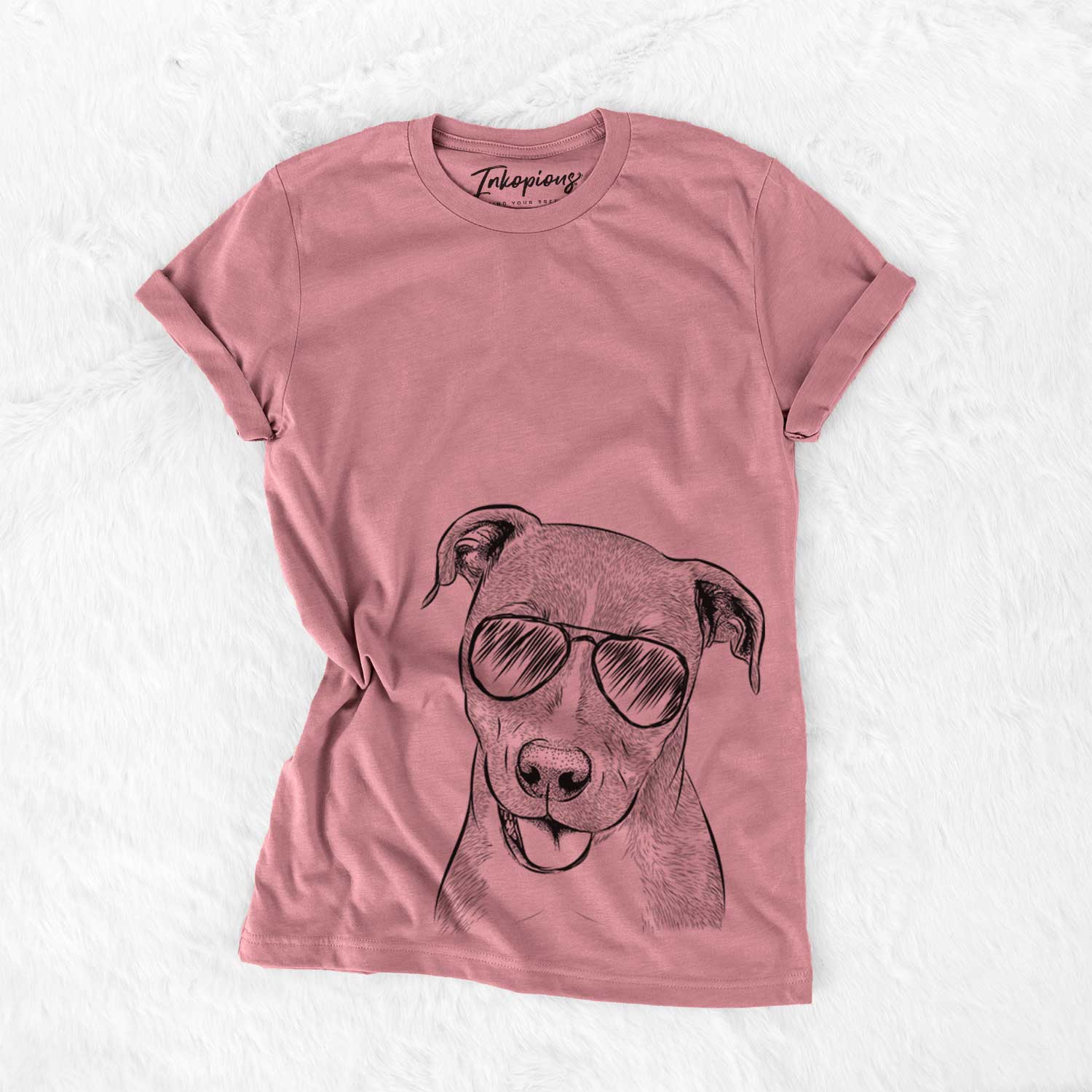 Hand-drawn sketch of Claiborne the American Staffordshire Terrier wearing aviator sunglasses on a Mauve Unisex crewneck