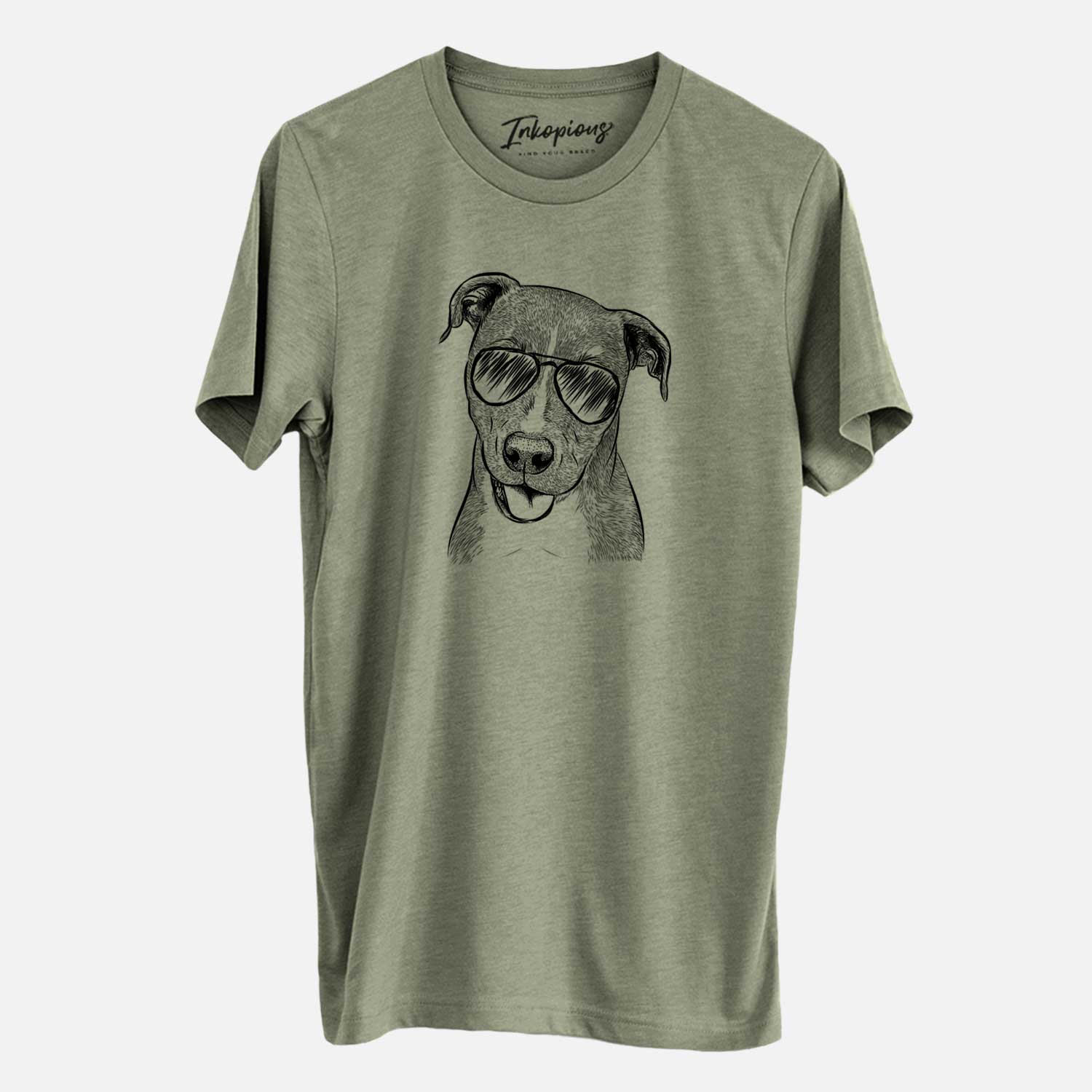 Hand-drawn sketch of Claiborne the American Staffordshire Terrier wearing aviator sunglasses on an Olive Unisex crewneck