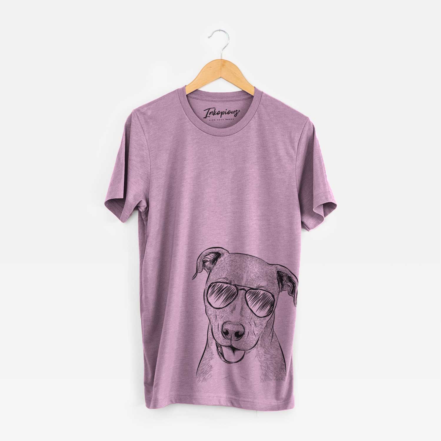 Hand-drawn sketch of Claiborne the American Staffordshire Terrier wearing aviator sunglasses on an Orchid Unisex crewneck