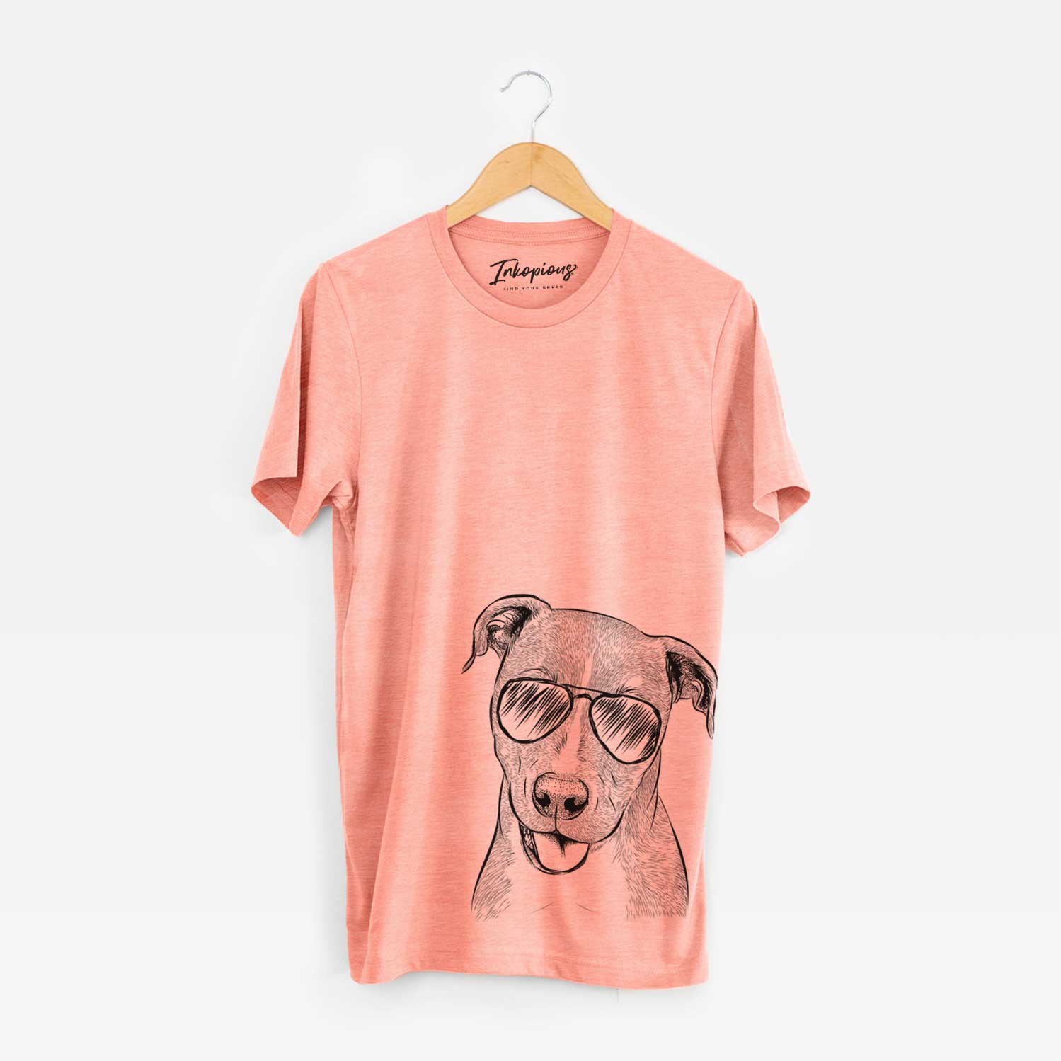 Hand-drawn sketch of Claiborne the American Staffordshire Terrier wearing aviator sunglasses on a Sunset Unisex crewneck