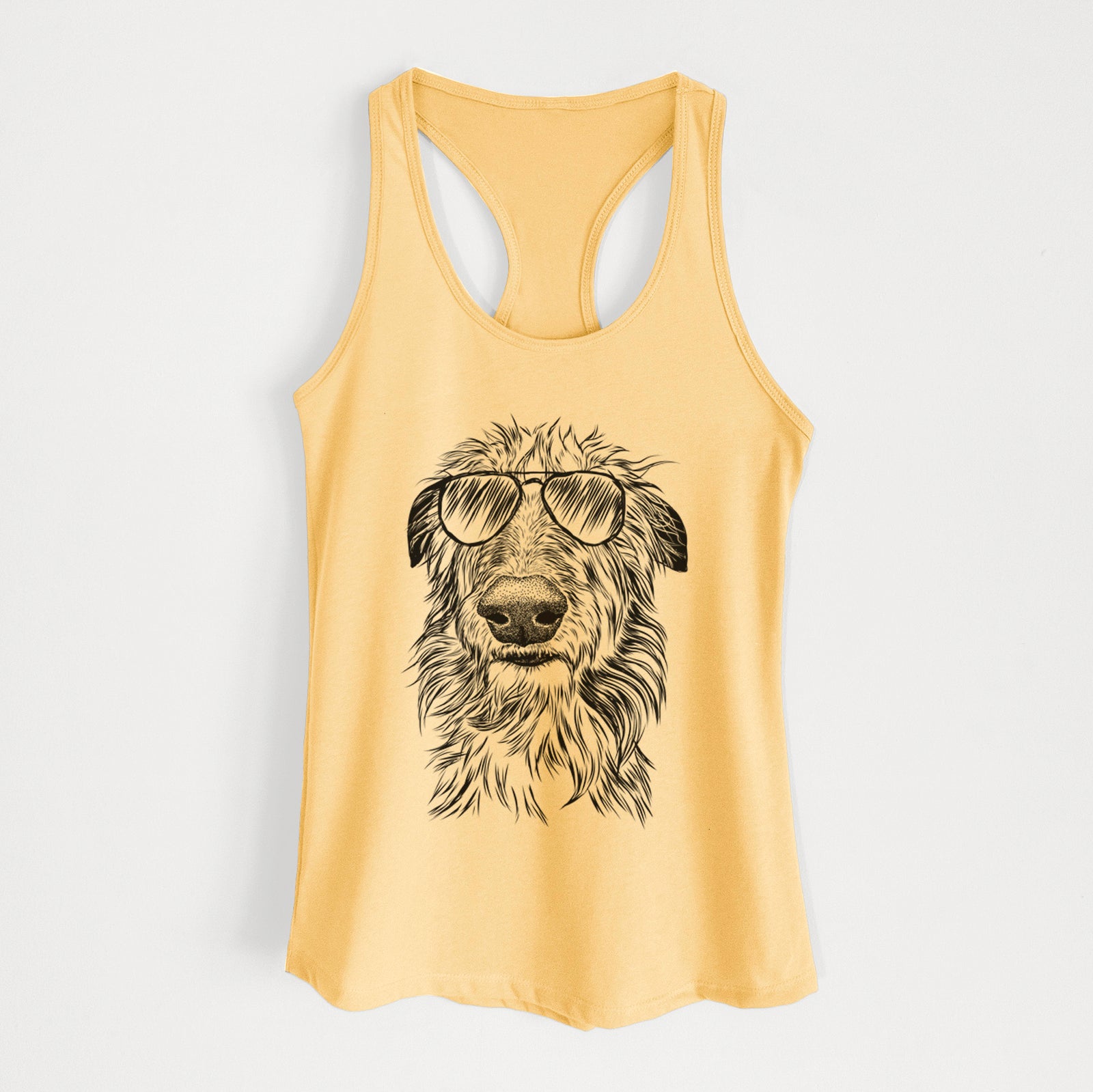 Hand-drawn sketch of Cleod the Scottish Deerhound wearing aviator sunglasses on a Banana Cream Women's racerback tanktop