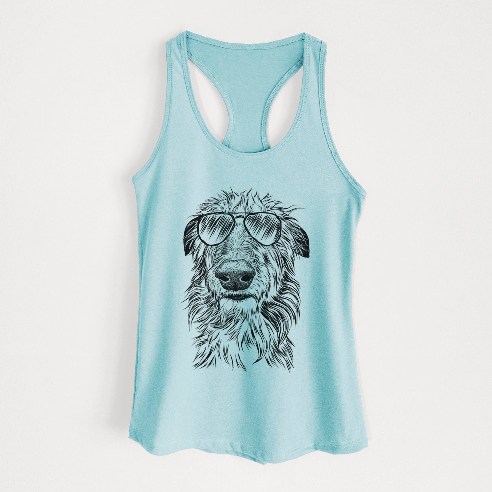 Hand-drawn sketch of Cleod the Scottish Deerhound wearing aviator sunglasses on a Cancun Blue Women's racerback tanktop