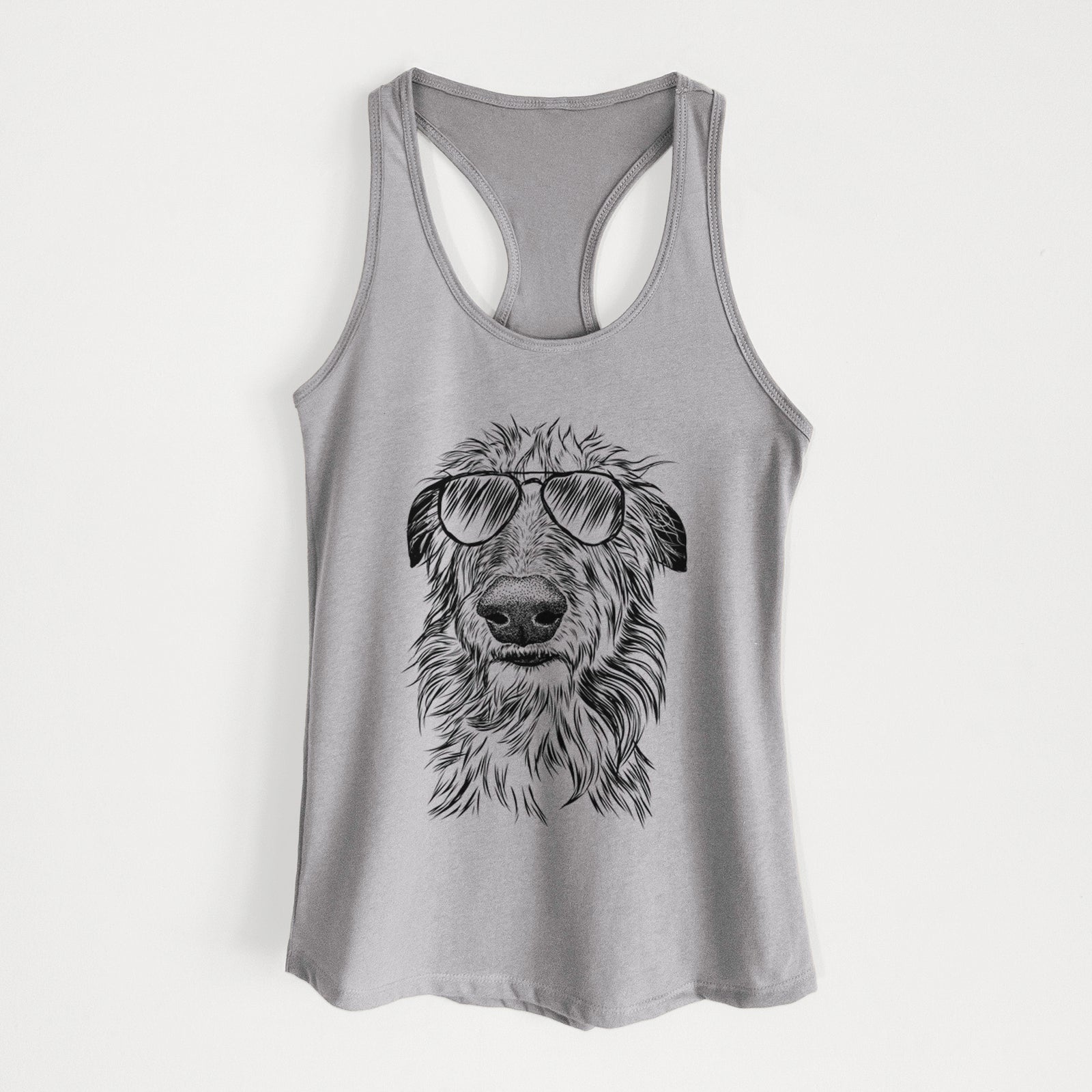 Hand-drawn sketch of Cleod the Scottish Deerhound wearing aviator sunglasses on a Heather Grey Women's racerback tanktop