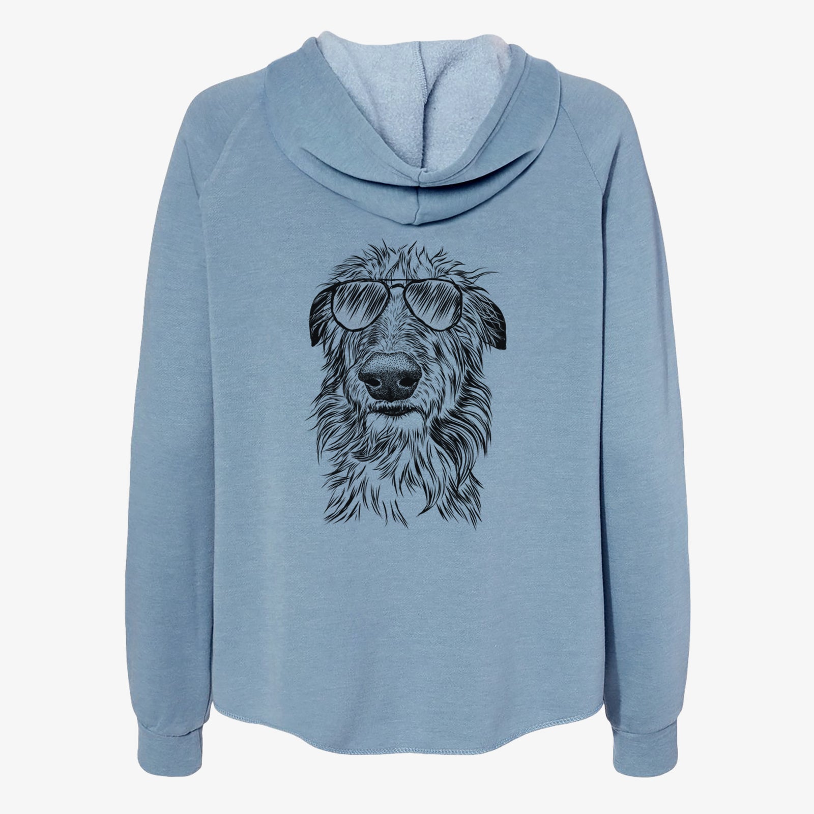 Hand-drawn sketch of Cleod the Scottish Deerhound wearing aviator sunglasses on a Misty Blue Women's cali wave zip-up sweatshirt