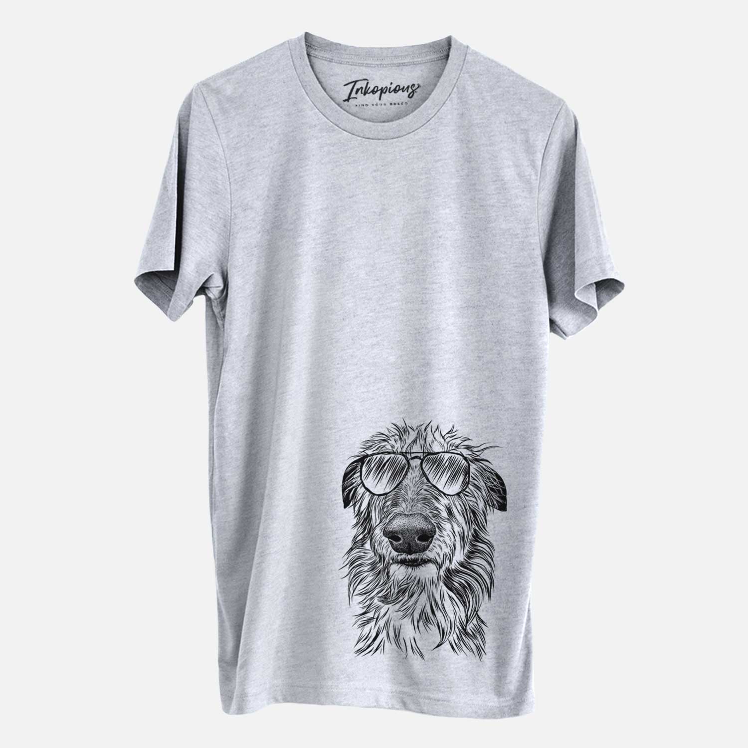 Hand-drawn sketch of Cleod the Scottish Deerhound wearing aviator sunglasses on a Grey Unisex crewneck