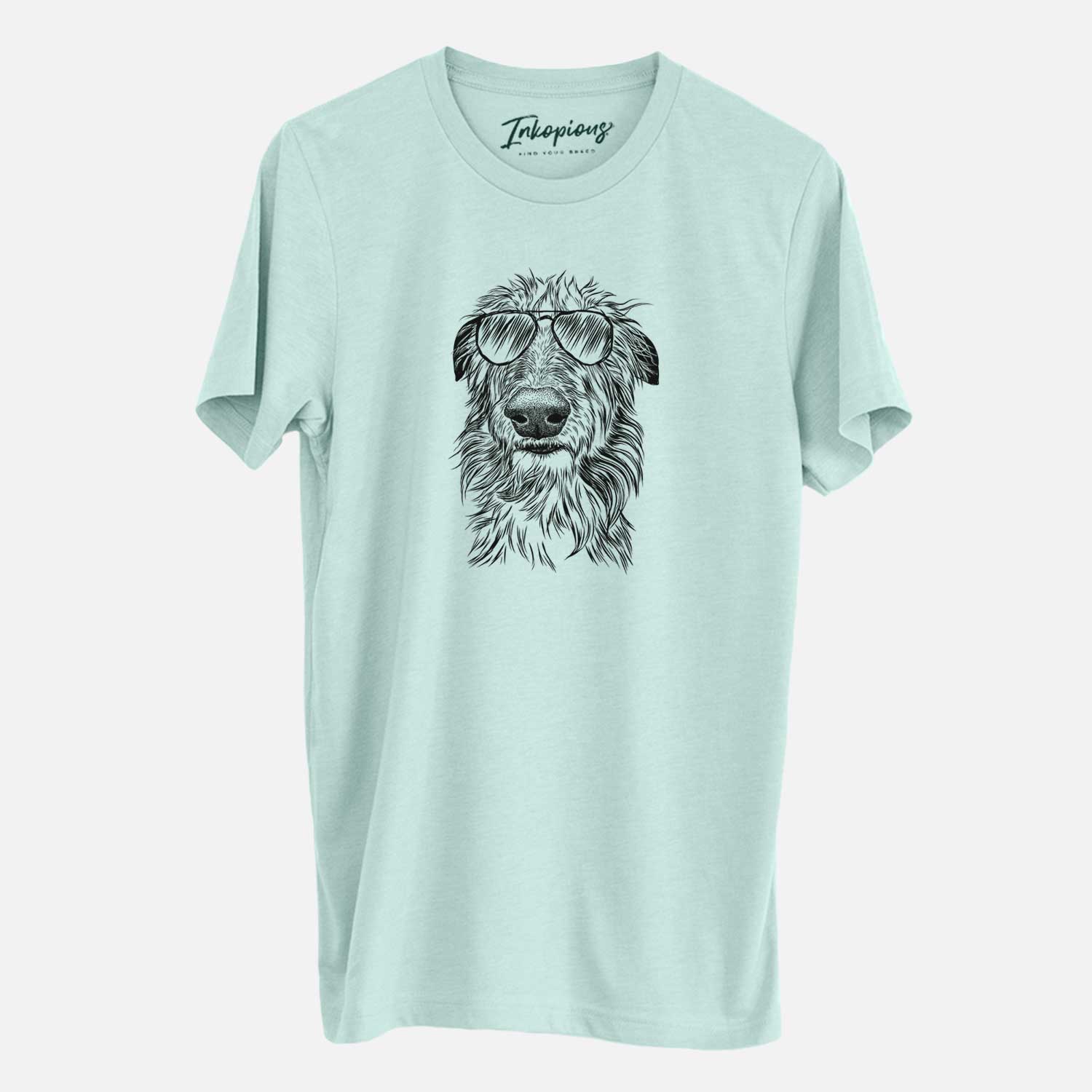 Hand-drawn sketch of Cleod the Scottish Deerhound wearing aviator sunglasses on a Heather Sage Unisex crewneck