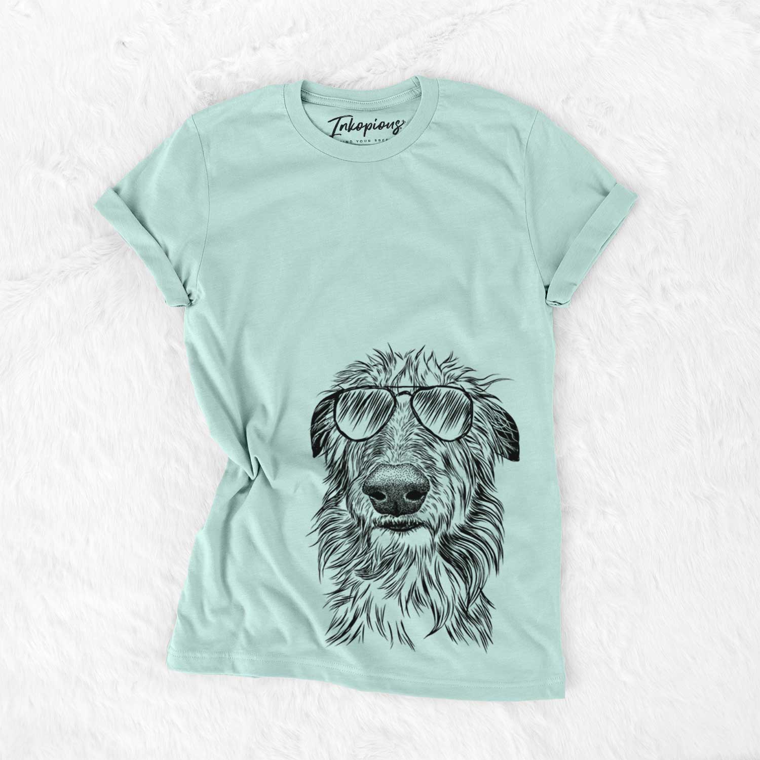 Hand-drawn sketch of Cleod the Scottish Deerhound wearing aviator sunglasses on a Heather Sage Unisex crewneck