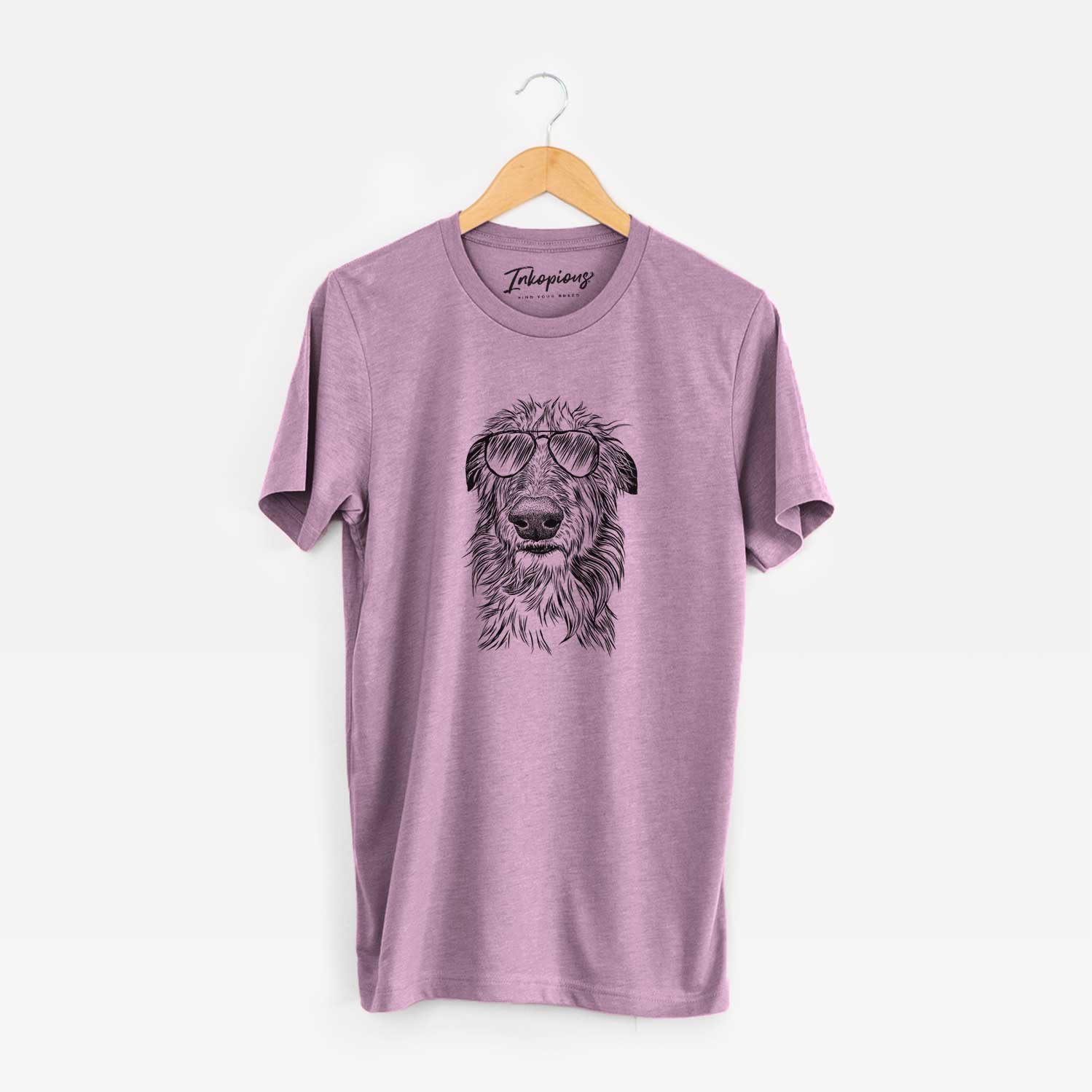 Hand-drawn sketch of Cleod the Scottish Deerhound wearing aviator sunglasses on an Orchid Unisex crewneck