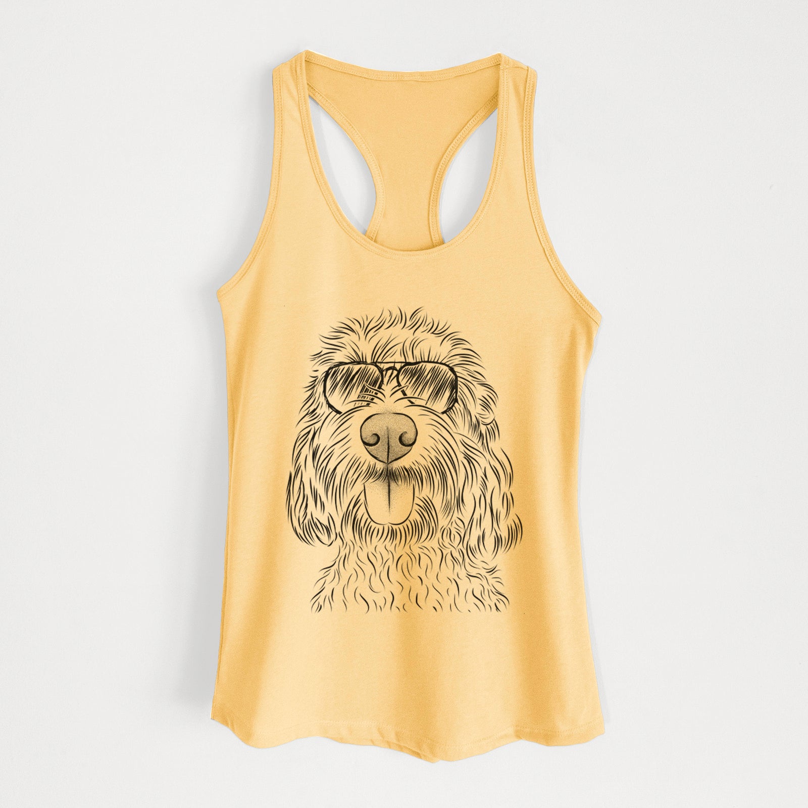 Hand-drawn sketch of Clover the Cockapoo wearing aviator sunglasses on a Banana Cream Women's racerback tanktop