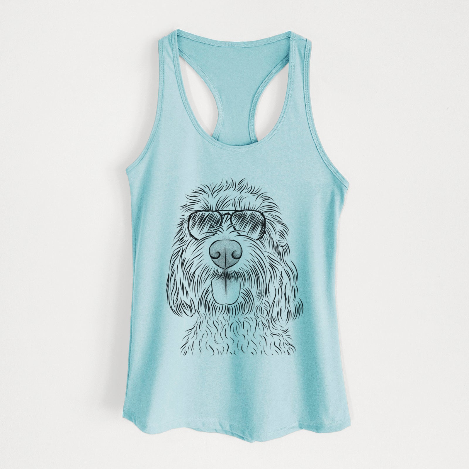 Hand-drawn sketch of Clover the Cockapoo wearing aviator sunglasses on a Cancun Blue Women's racerback tanktop