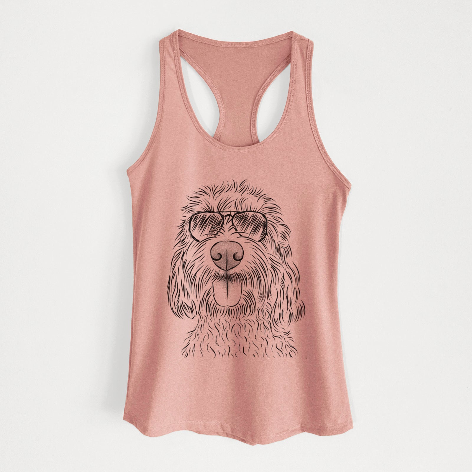 Hand-drawn sketch of Clover the Cockapoo wearing aviator sunglasses on a Desert Pink Women's racerback tanktop