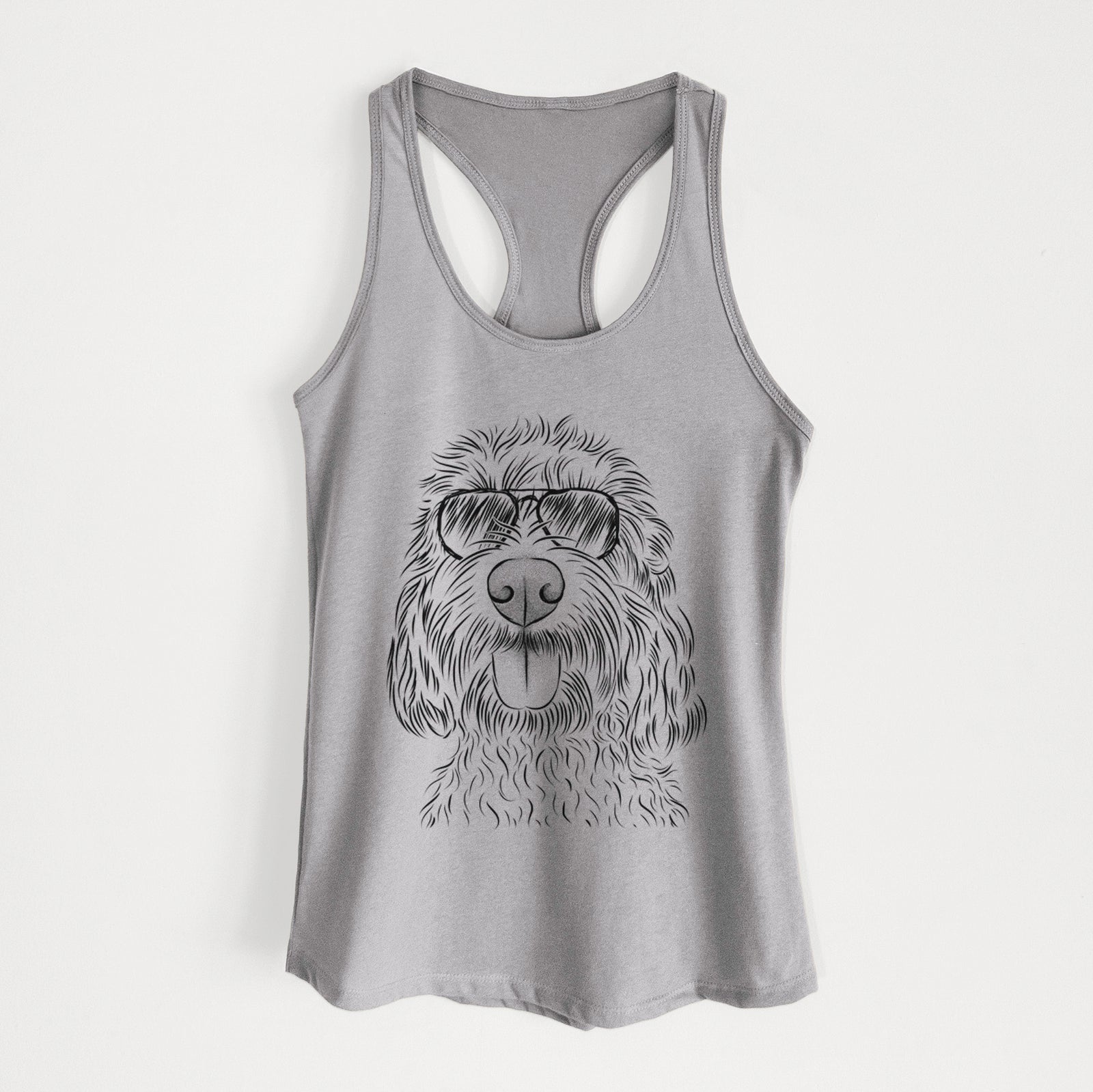 Hand-drawn sketch of Clover the Cockapoo wearing aviator sunglasses on a Heather Grey Women's racerback tanktop