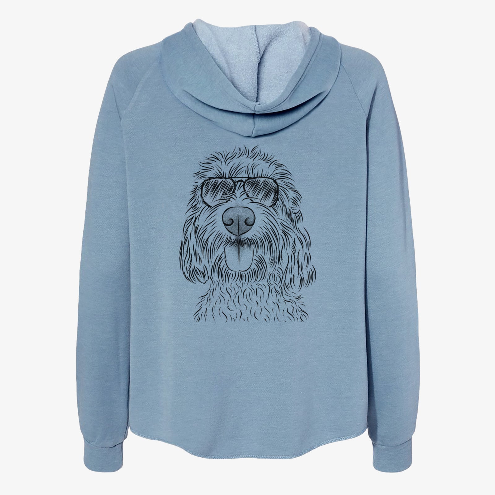 Hand-drawn sketch of Clover the Cockapoo wearing aviator sunglasses on a Misty Blue Women's cali wave zip-up sweatshirt