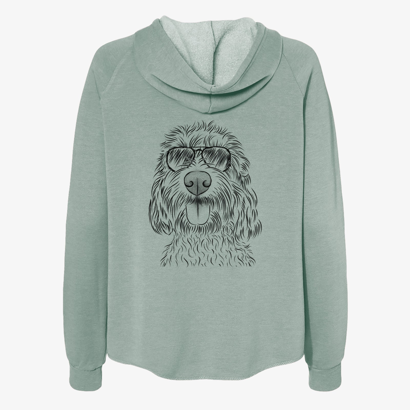 Hand-drawn sketch of Clover the Cockapoo wearing aviator sunglasses on a Sage Women's cali wave zip-up sweatshirt