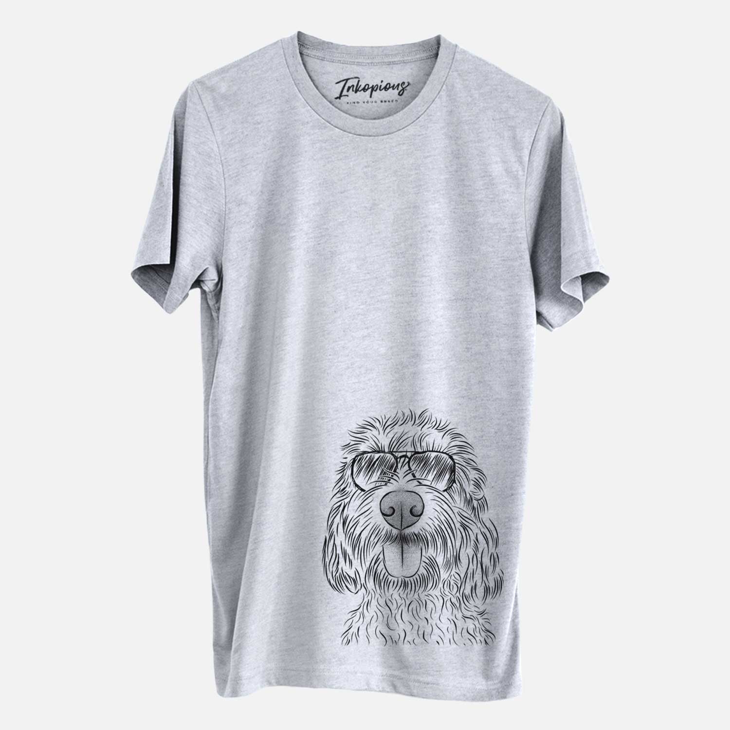 Hand-drawn sketch of Clover the Cockapoo wearing aviator sunglasses on a Grey Unisex crewneck