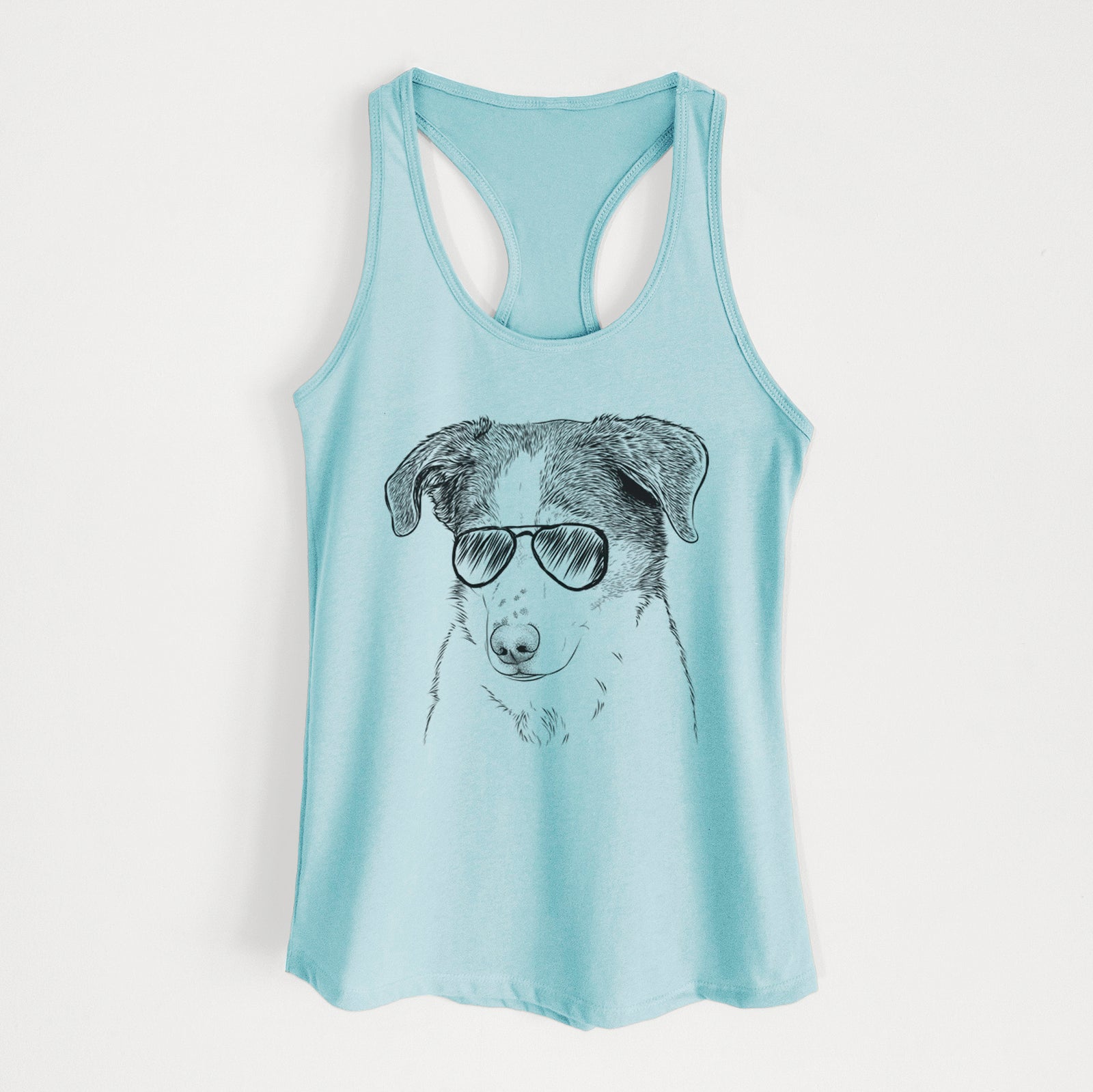 Hand-drawn sketch of Coco the Beagle Mix wearing aviator sunglasses on a Cancun Blue Women's racerback tanktop