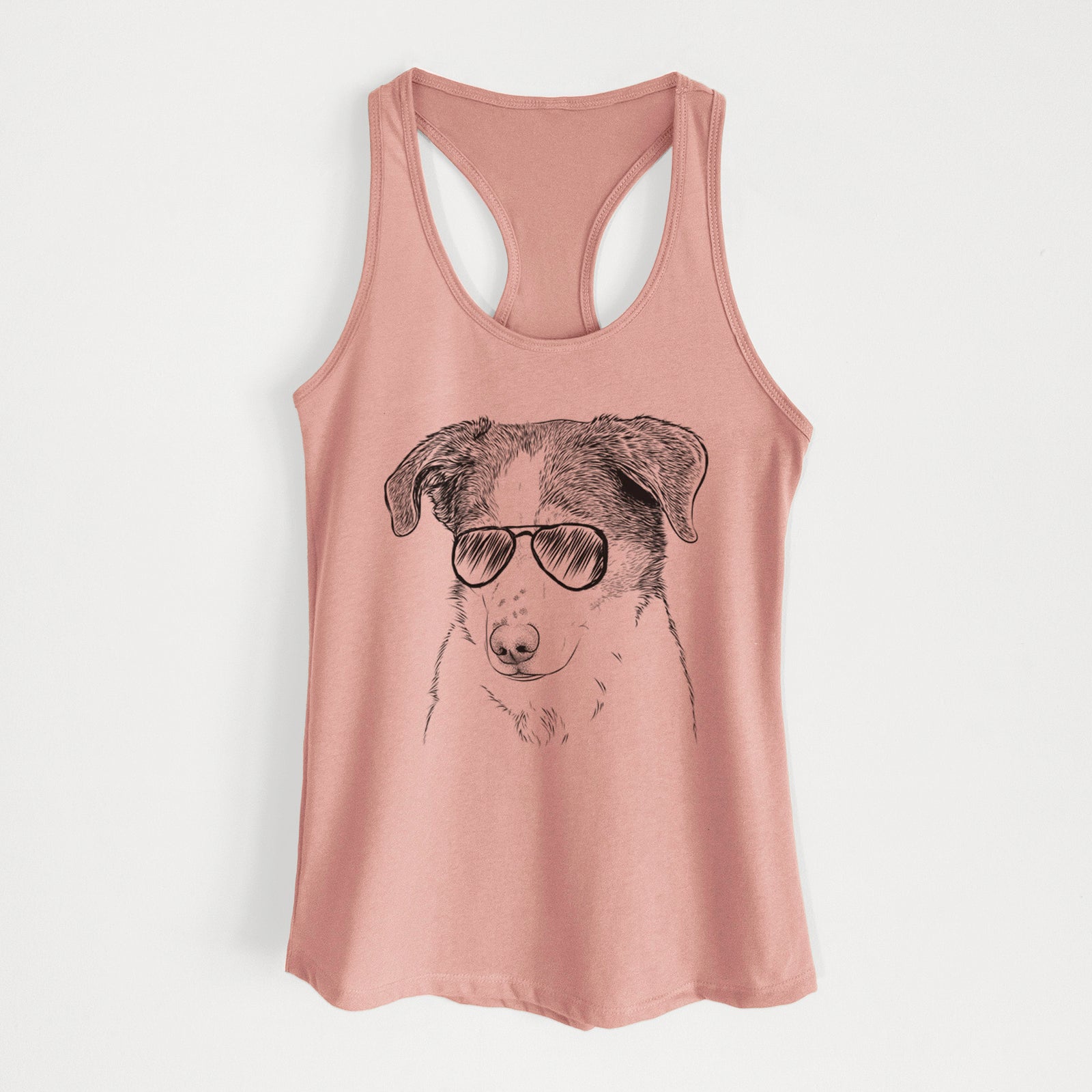 Hand-drawn sketch of Coco the Beagle Mix wearing aviator sunglasses on a Desert Pink Women's racerback tanktop