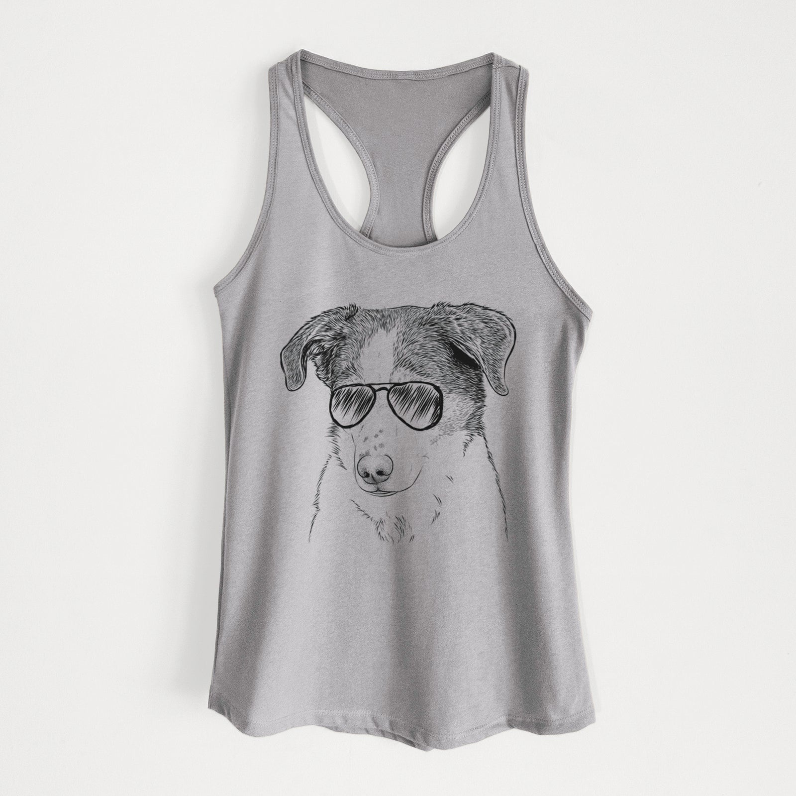 Hand-drawn sketch of Coco the Beagle Mix wearing aviator sunglasses on a Heather Grey Women's racerback tanktop