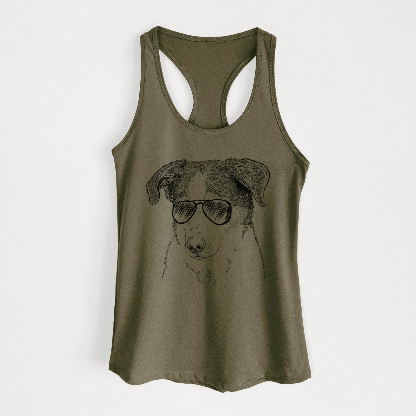 Hand-drawn sketch of Coco the Beagle Mix wearing aviator sunglasses on a Military Green Women's racerback tanktop