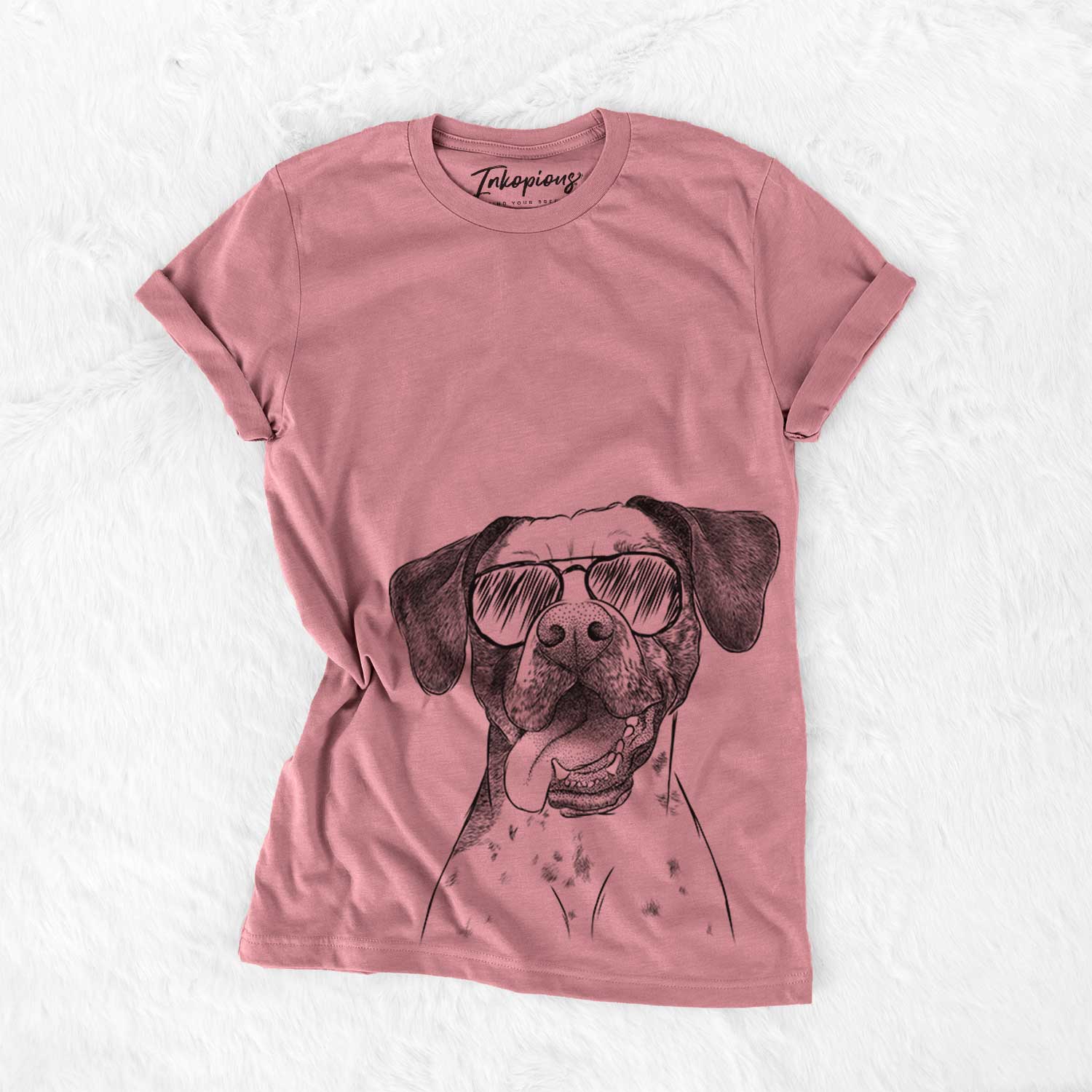 Hand-drawn sketch of Cola the Catahoula wearing aviator sunglasses on a Mauve Bella Canvas Unisex Crewneck