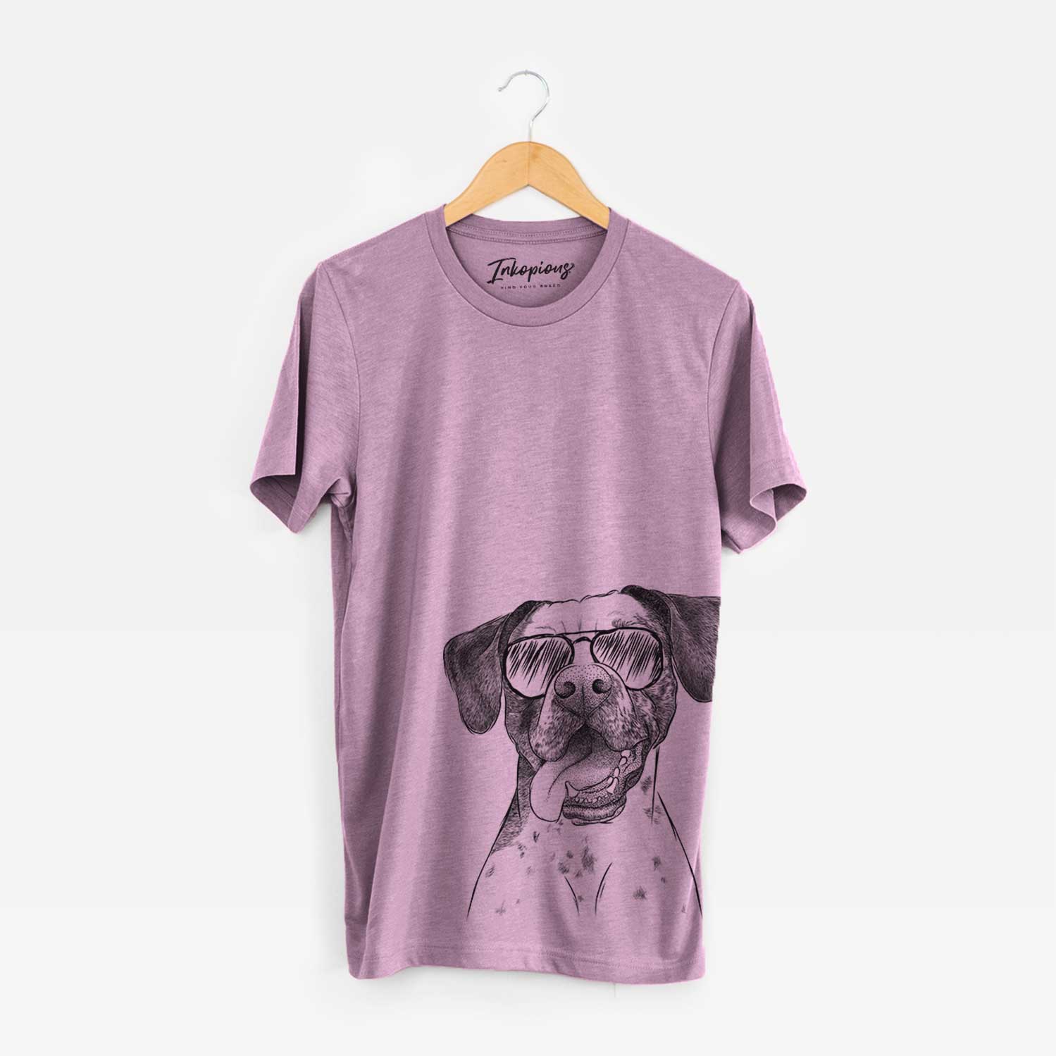 Hand-drawn sketch of Cola the Catahoula wearing aviator sunglasses on an Orchid Bella Canvas Unisex Crewneck