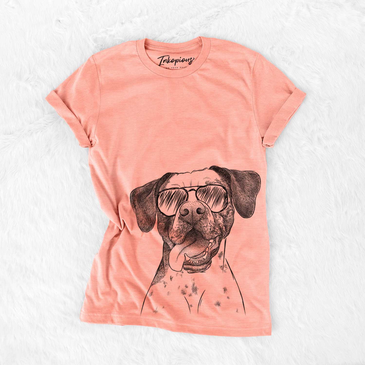 Hand-drawn sketch of Cola the Catahoula wearing aviator sunglasses on a Sunset Bella Canvas Unisex Crewneck