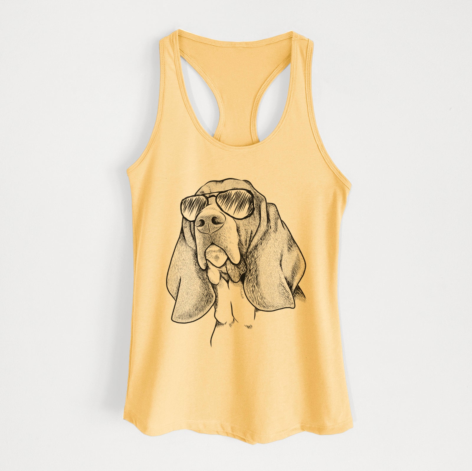 Hand-drawn sketch of Cooper the Basset Hound wearing aviator sunglasses on a Banana Cream Women's racerback tanktop