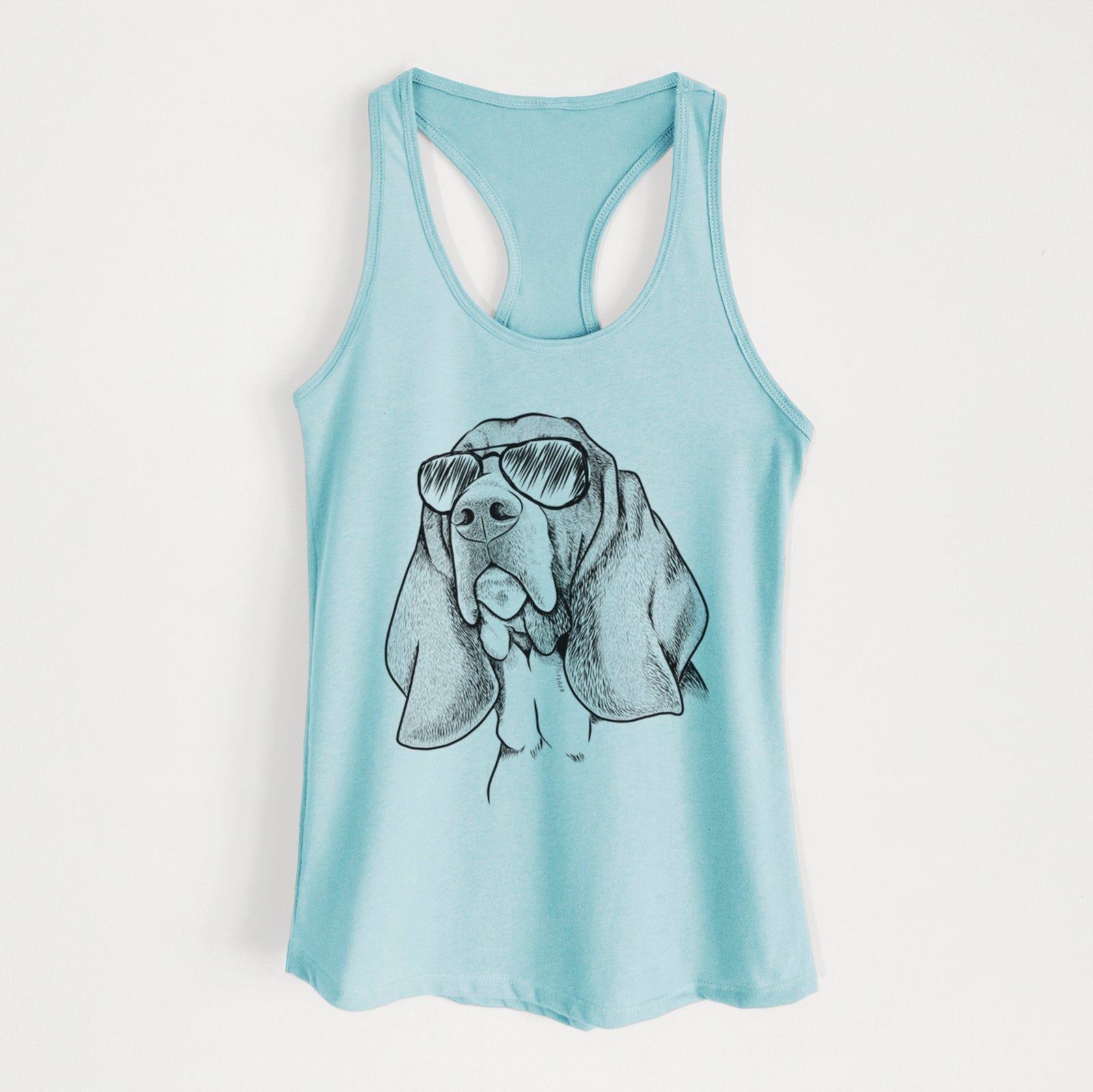 Hand-drawn sketch of Cooper the Basset Hound wearing aviator sunglasses on a Cancun Blue Women's racerback tanktop