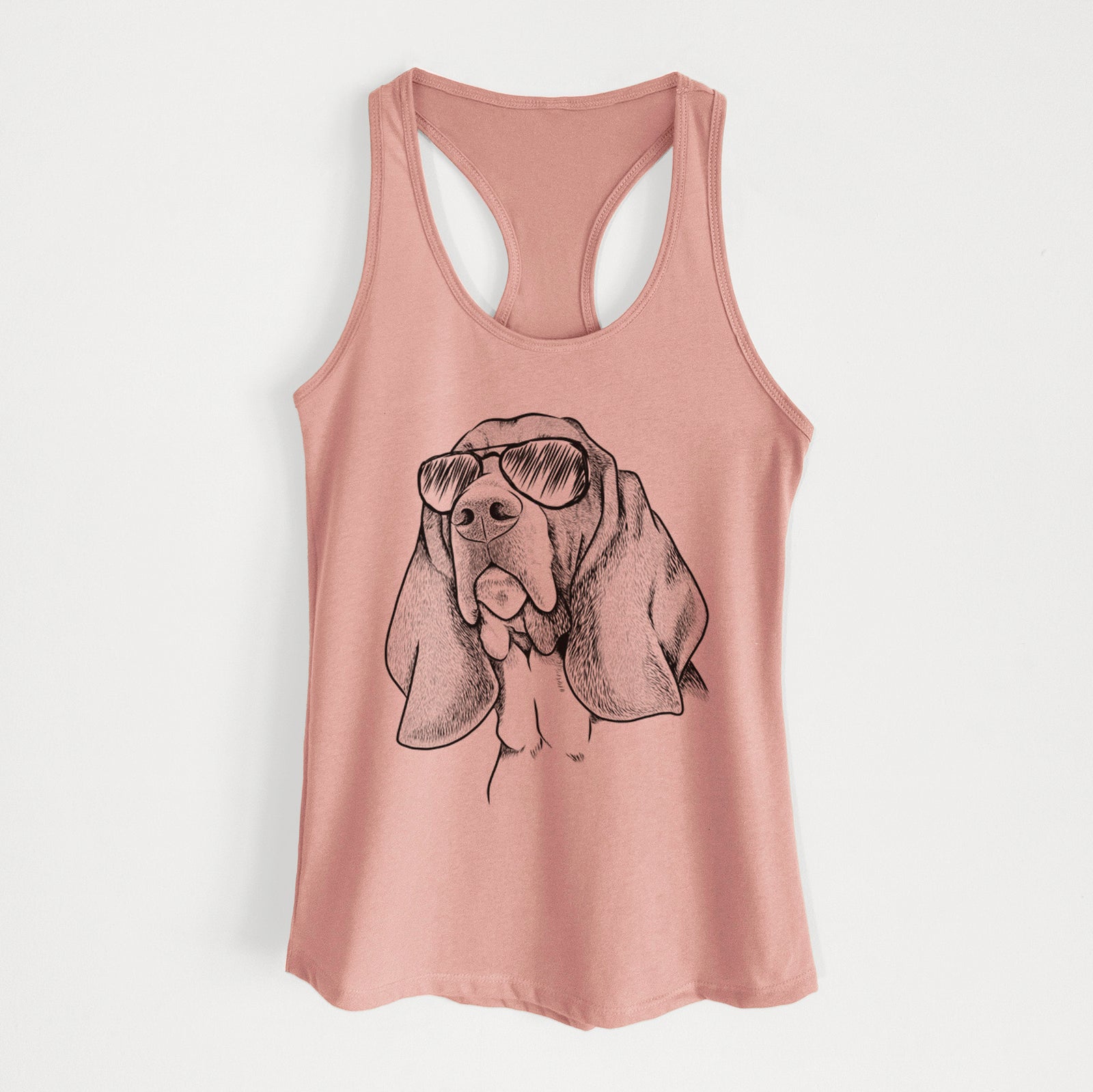 Hand-drawn sketch of Cooper the Basset Hound wearing aviator sunglasses on a Desert Pink Women's racerback tanktop