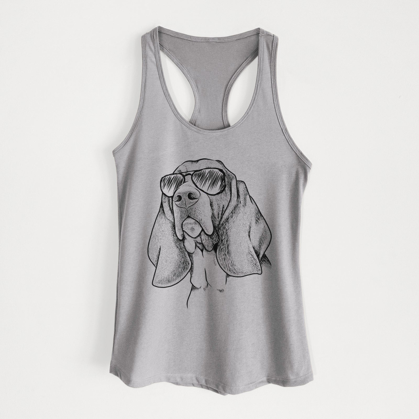 Hand-drawn sketch of Cooper the Basset Hound wearing aviator sunglasses on a Heather Grey Women's racerback tanktop