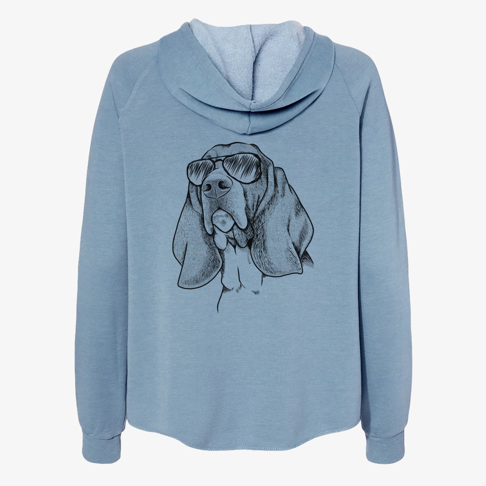 Hand-drawn sketch of Cooper the Basset Hound wearing aviator sunglasses on a Misty Blue Women's cali wave zip-up sweatshirt