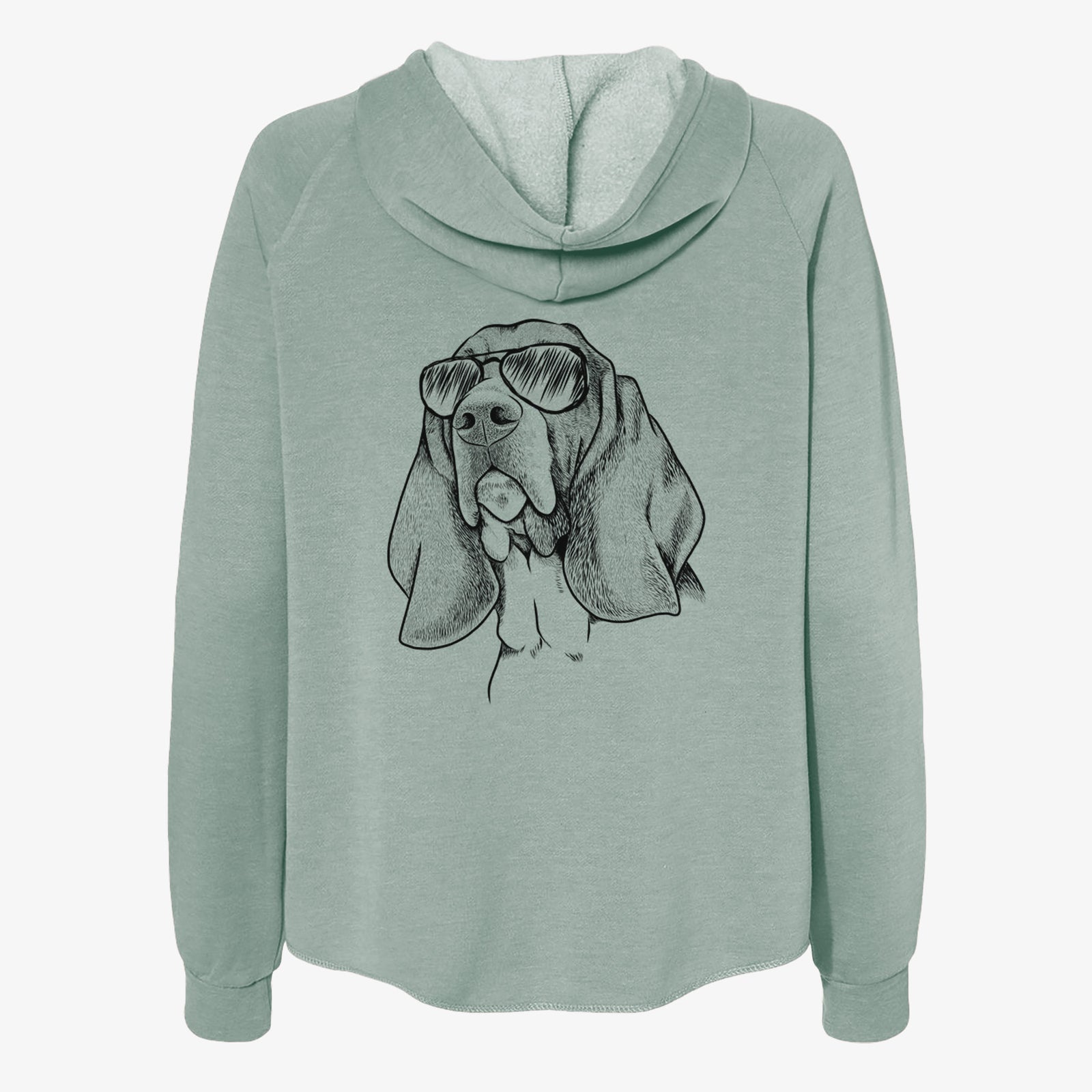 Hand-drawn sketch of Cooper the Basset Hound wearing aviator sunglasses on a Sage Women's cali wave zip-up sweatshirt