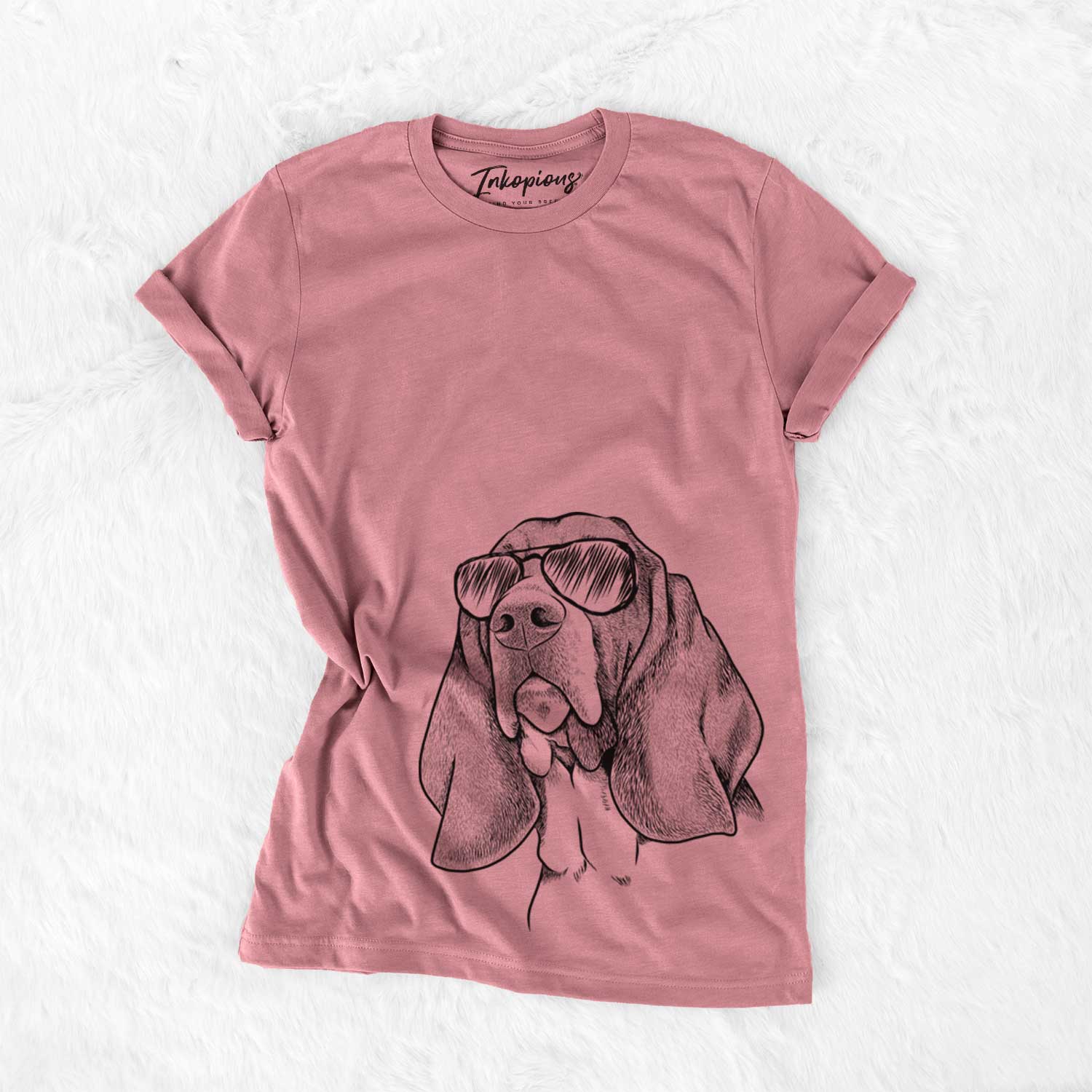 Hand-drawn sketch of Cooper the Basset Hound wearing aviator sunglasses on a Mauve Bella Canvas Unisex Crewneck