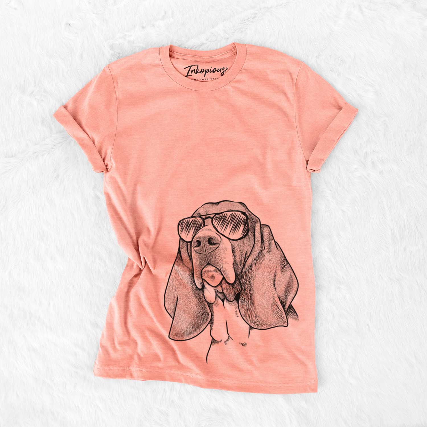 Hand-drawn sketch of Cooper the Basset Hound wearing aviator sunglasses on a Sunset Bella Canvas Unisex Crewneck
