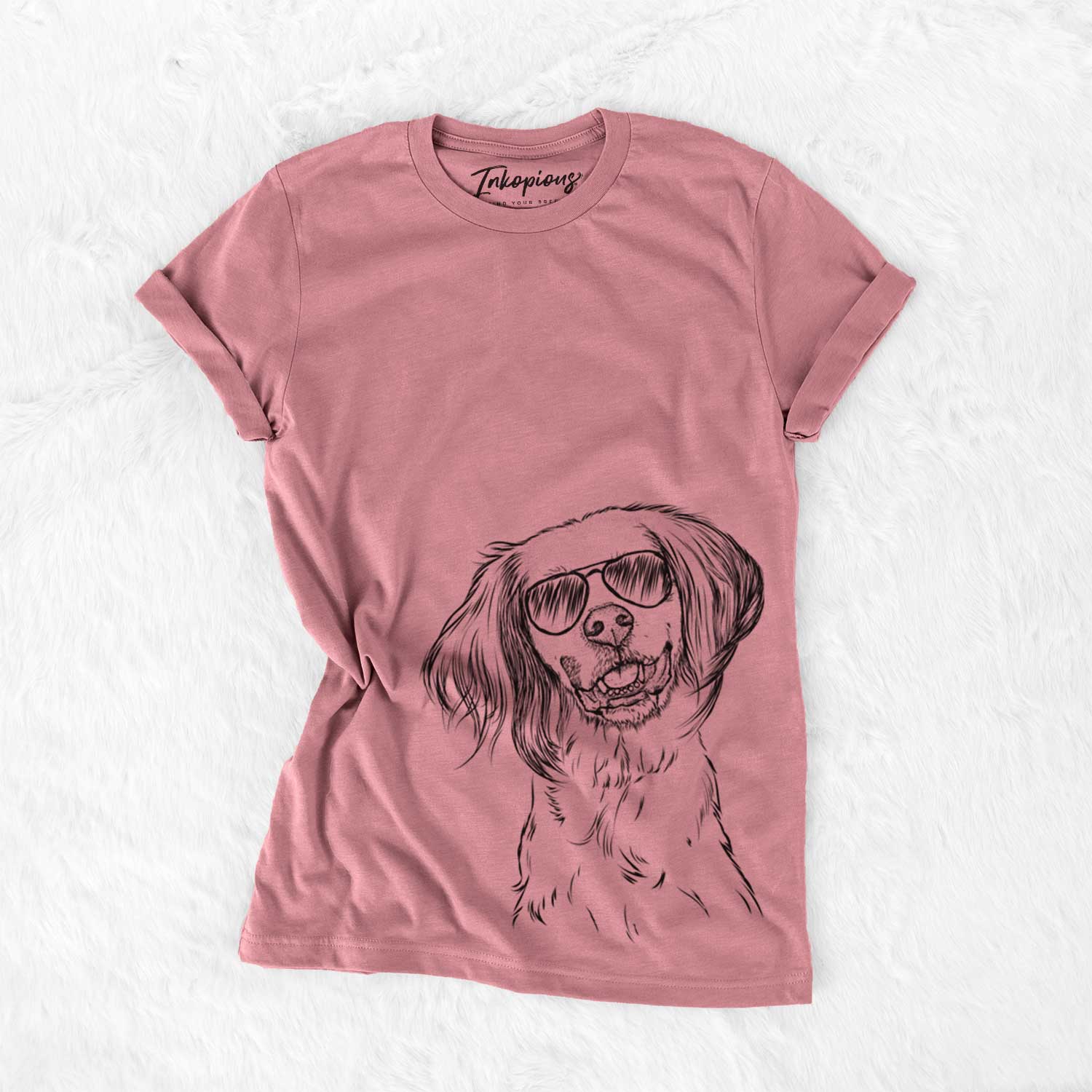 Hand-drawn sketch of Cooper the English Setter wearing aviator sunglasses on a Mauve Bella Canvas Unisex Crewneck