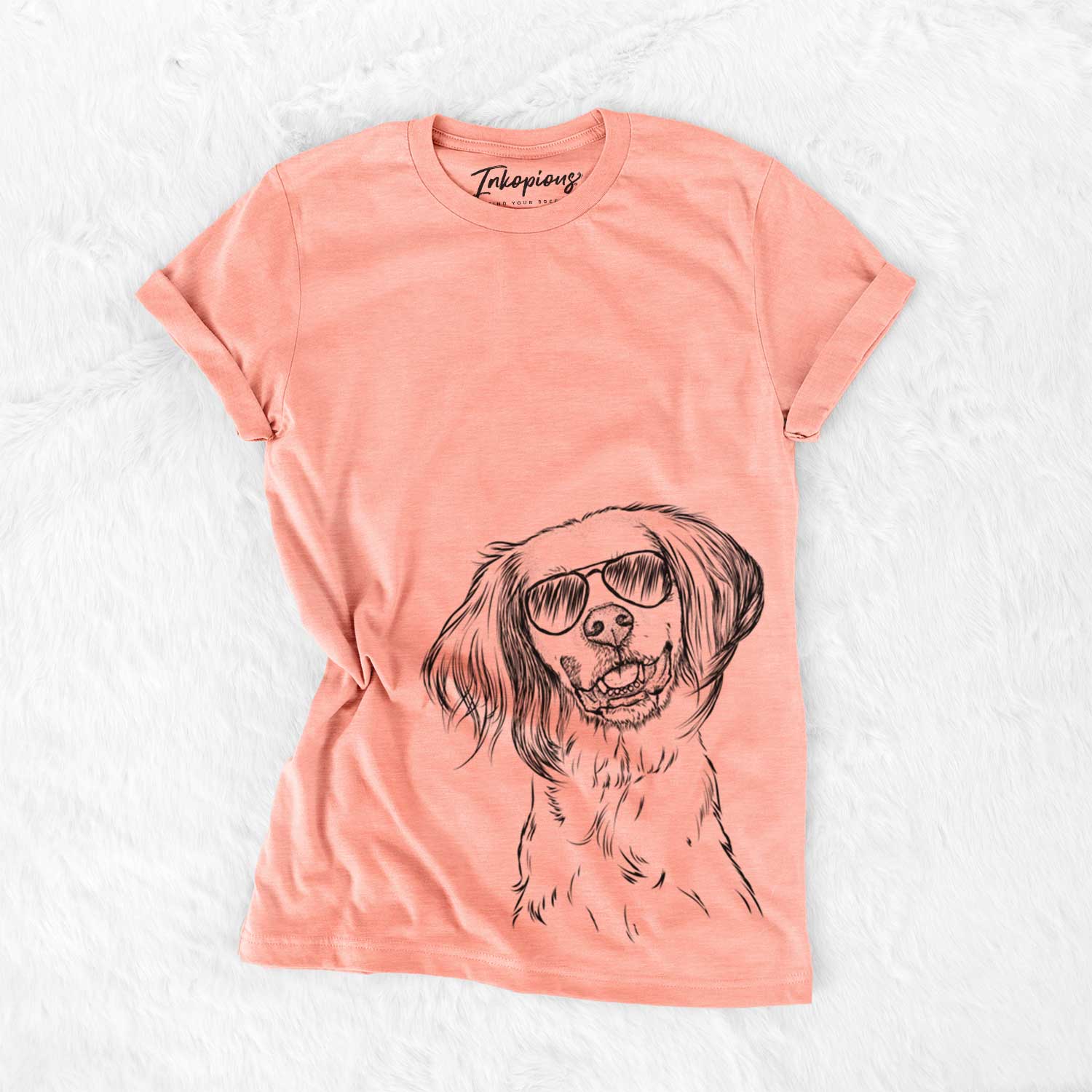Hand-drawn sketch of Cooper the English Setter wearing aviator sunglasses on a Sunset Bella Canvas Unisex Crewneck