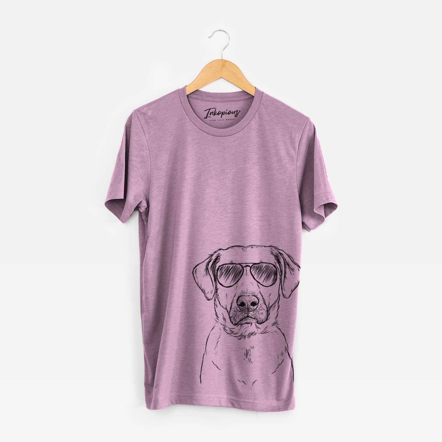 Hand-drawn sketch of Cooper Griffin the Mixed Breed wearing aviator sunglasses on an Orchid Bella Canvas Unisex Crewneck