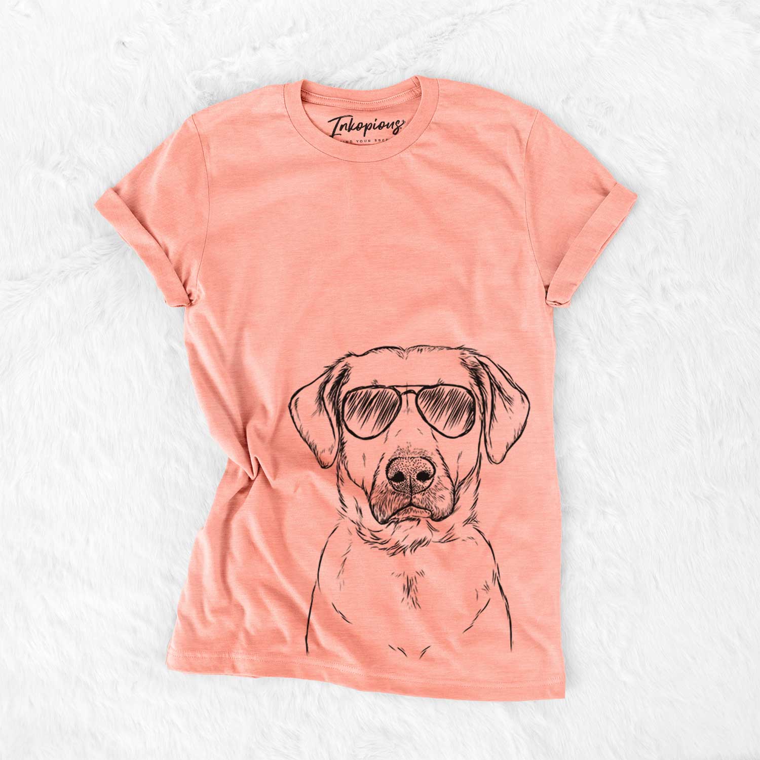 Hand-drawn sketch of Cooper Griffin the Mixed Breed wearing aviator sunglasses on a Sunset Bella Canvas Unisex Crewneck