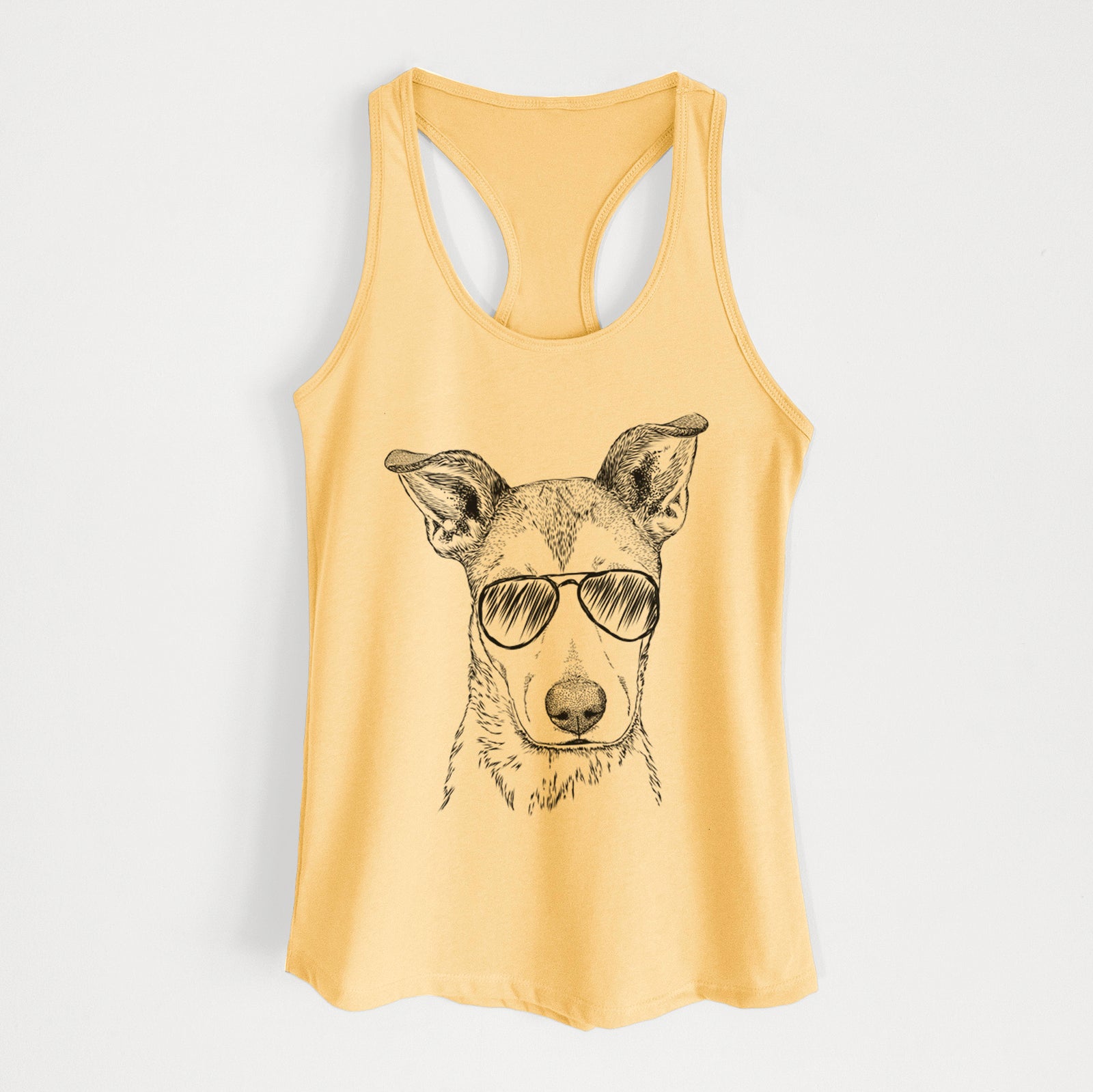 Hand-drawn sketch of Coral the Mixed Breed wearing aviator sunglasses on a Banana Cream Women's racerback tanktop