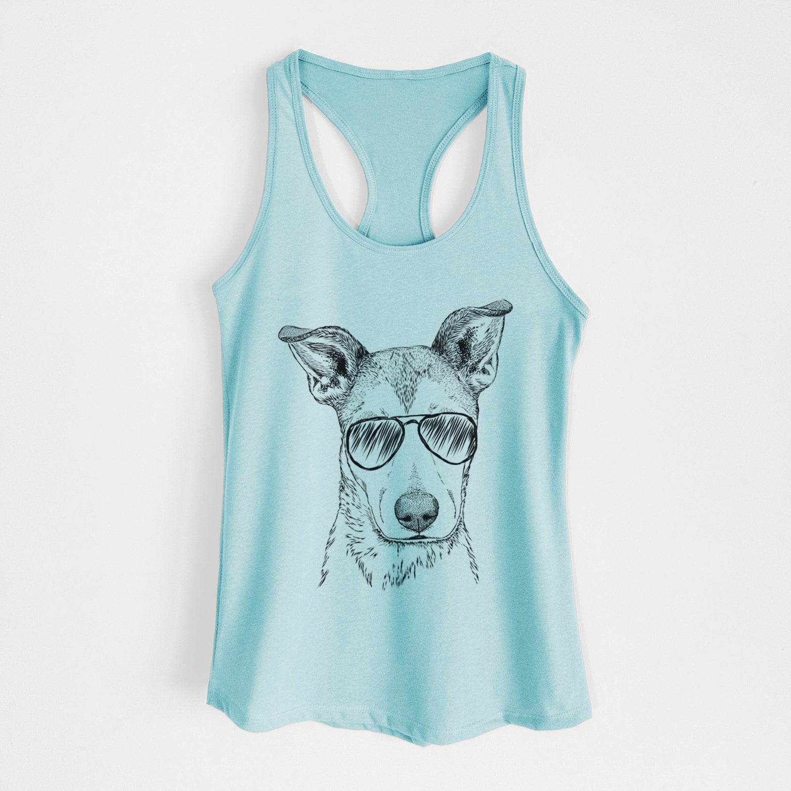 Hand-drawn sketch of Coral the Mixed Breed wearing aviator sunglasses on a Cancun Blue Women's racerback tanktop