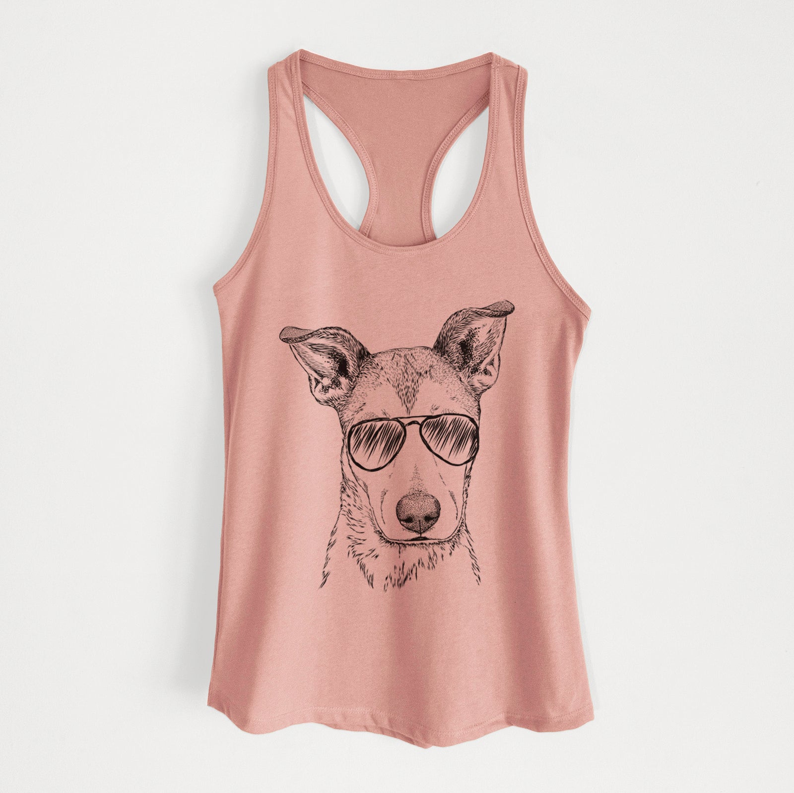 Hand-drawn sketch of Coral the Mixed Breed wearing aviator sunglasses on a Desert Pink Women's racerback tanktop